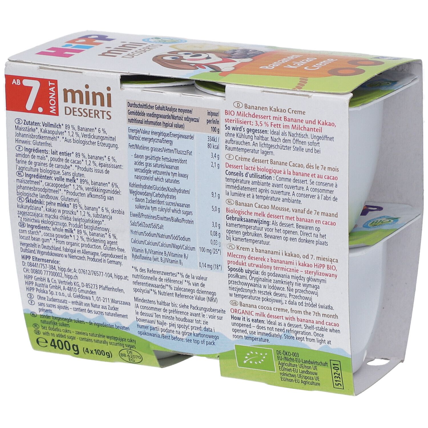 Rückseite der HIPP Mini Desserts Verpackung. Enthält Informationen zu Zutaten und Nährwerten. Bio-Siegel.