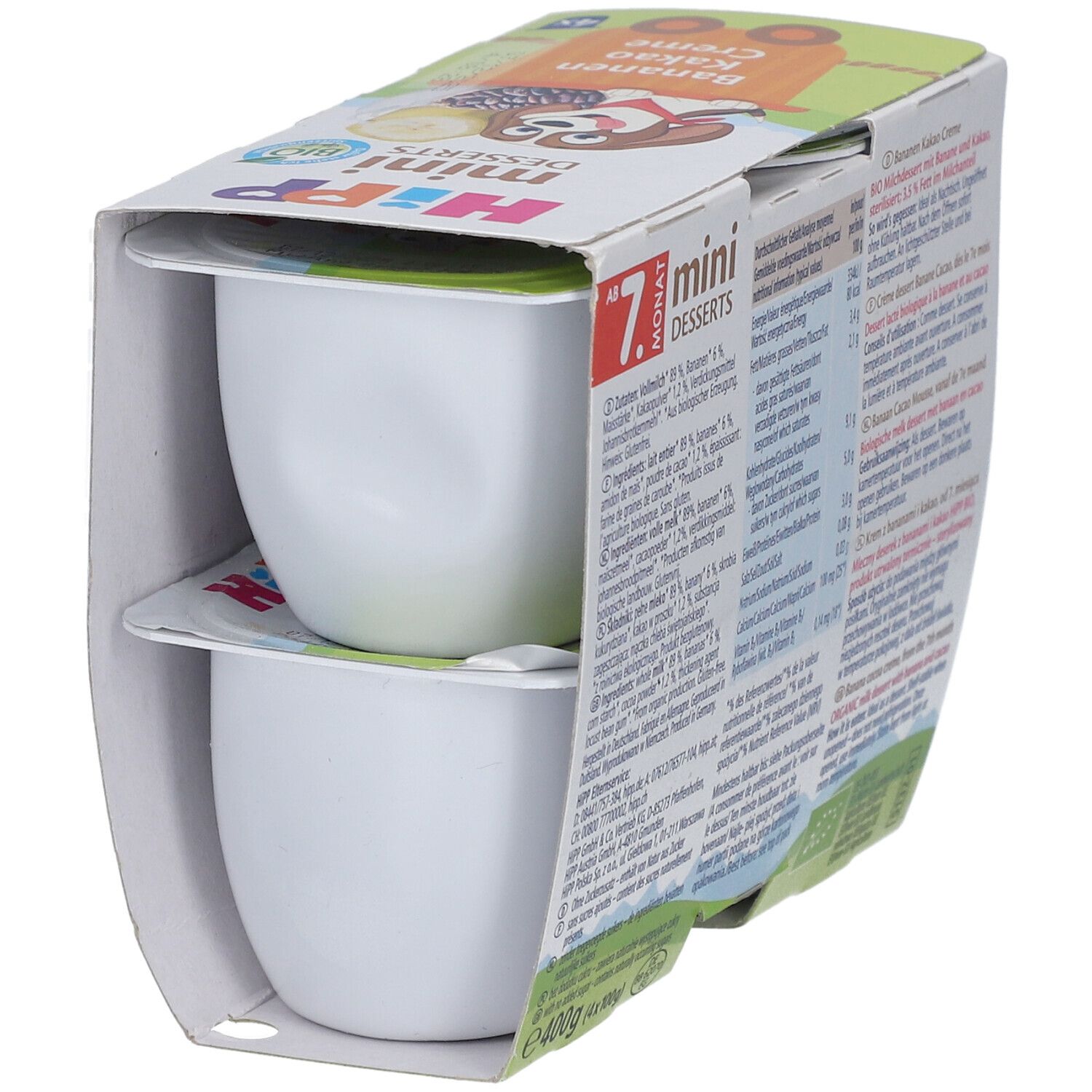HIPP Mini Desserts Verpackung mit 2 Bechern Bananen-Kakao Creme. Bio-Siegel und Text.