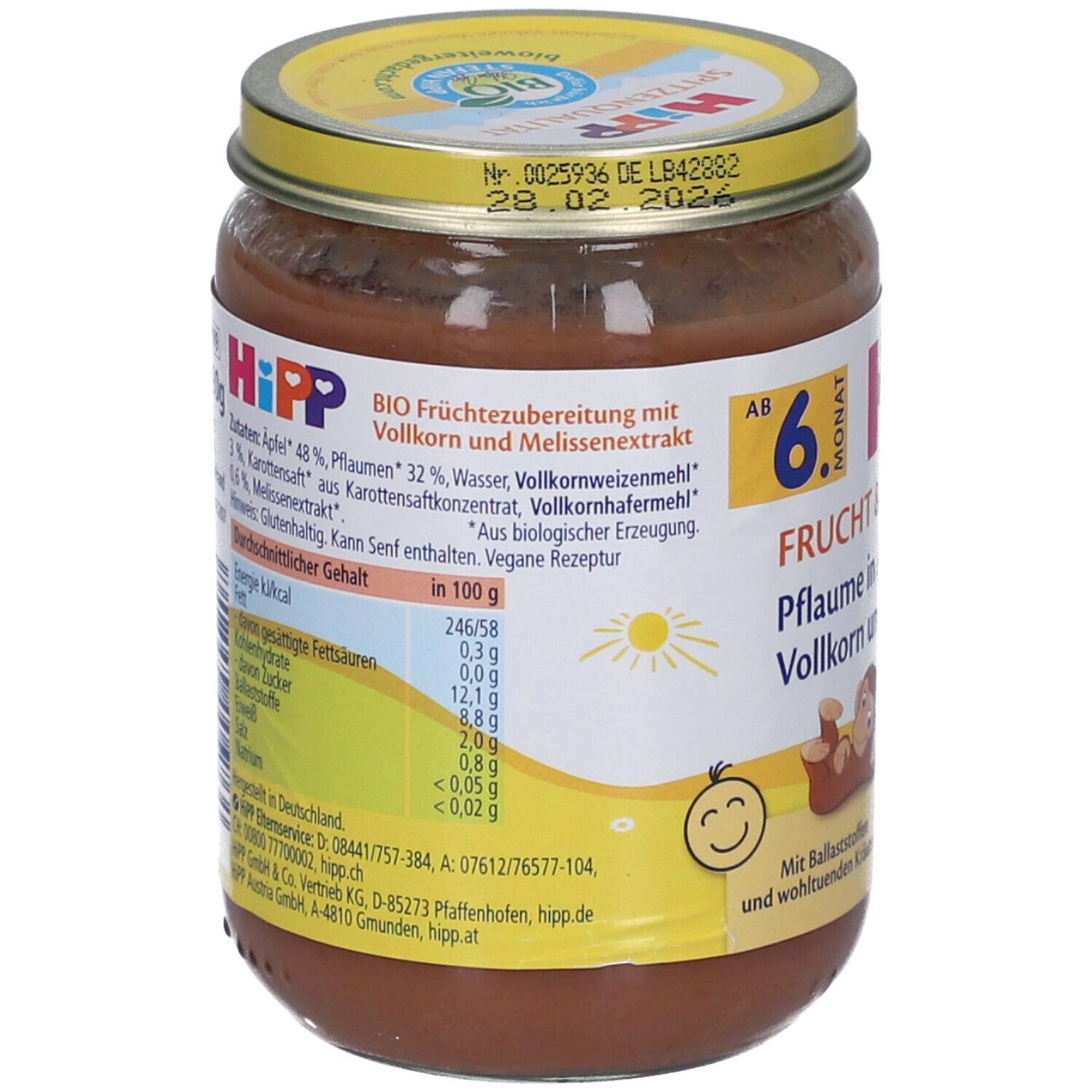 Rückseite des Glases mit HIPP Frucht & Getreide. Zutatenliste, Nährwertangaben und Bio-Siegel. Aufschrift: 6. Monat.