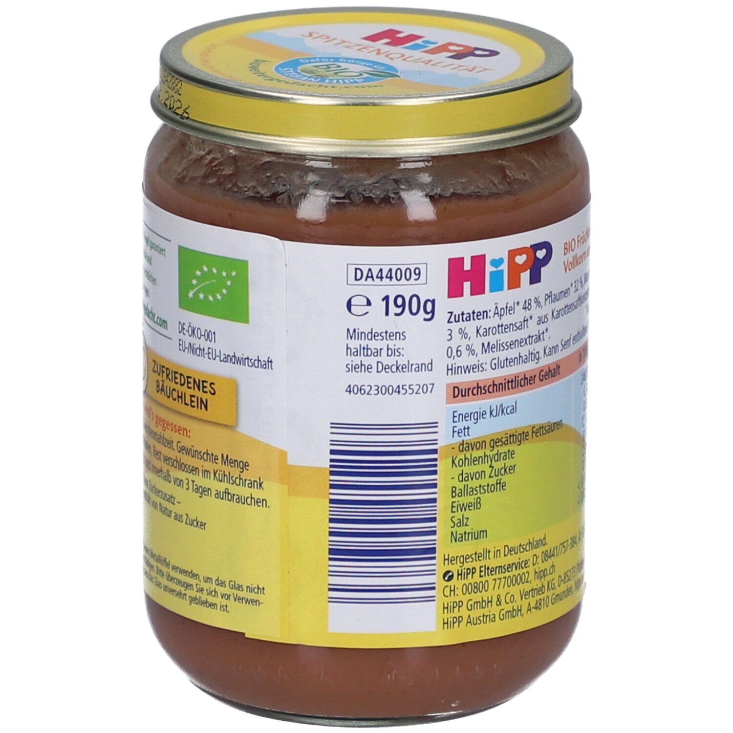 Rückseite des Glases mit HIPP Frucht & Getreide. Zutatenliste, Nährwertangaben und Bio-Siegel. Aufschrift: 190g.