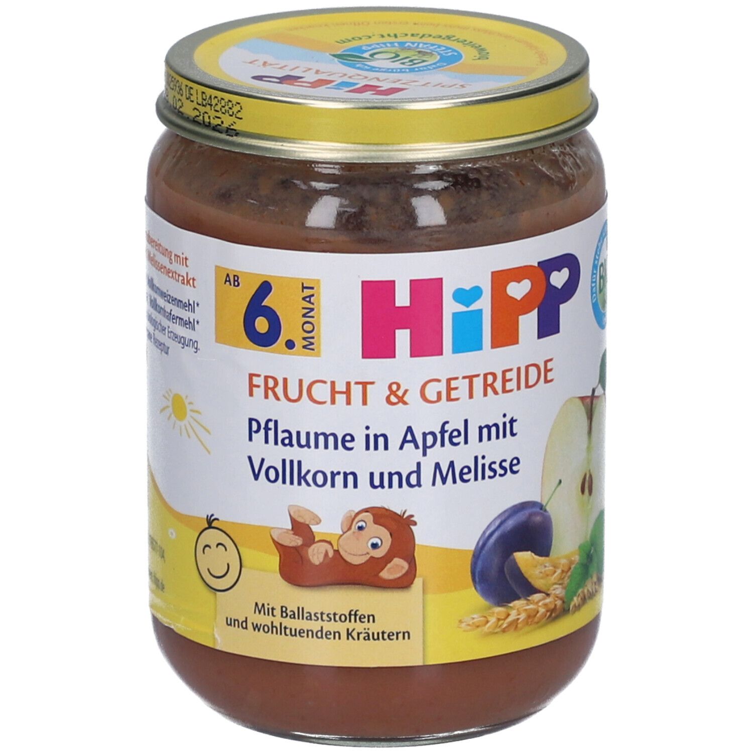 Glas mit HIPP Frucht & Getreide, Pflaume in Apfel. Aufschrift: 6. Monat, Bio. Abbildung von Pflaume, Apfel und Getreide.