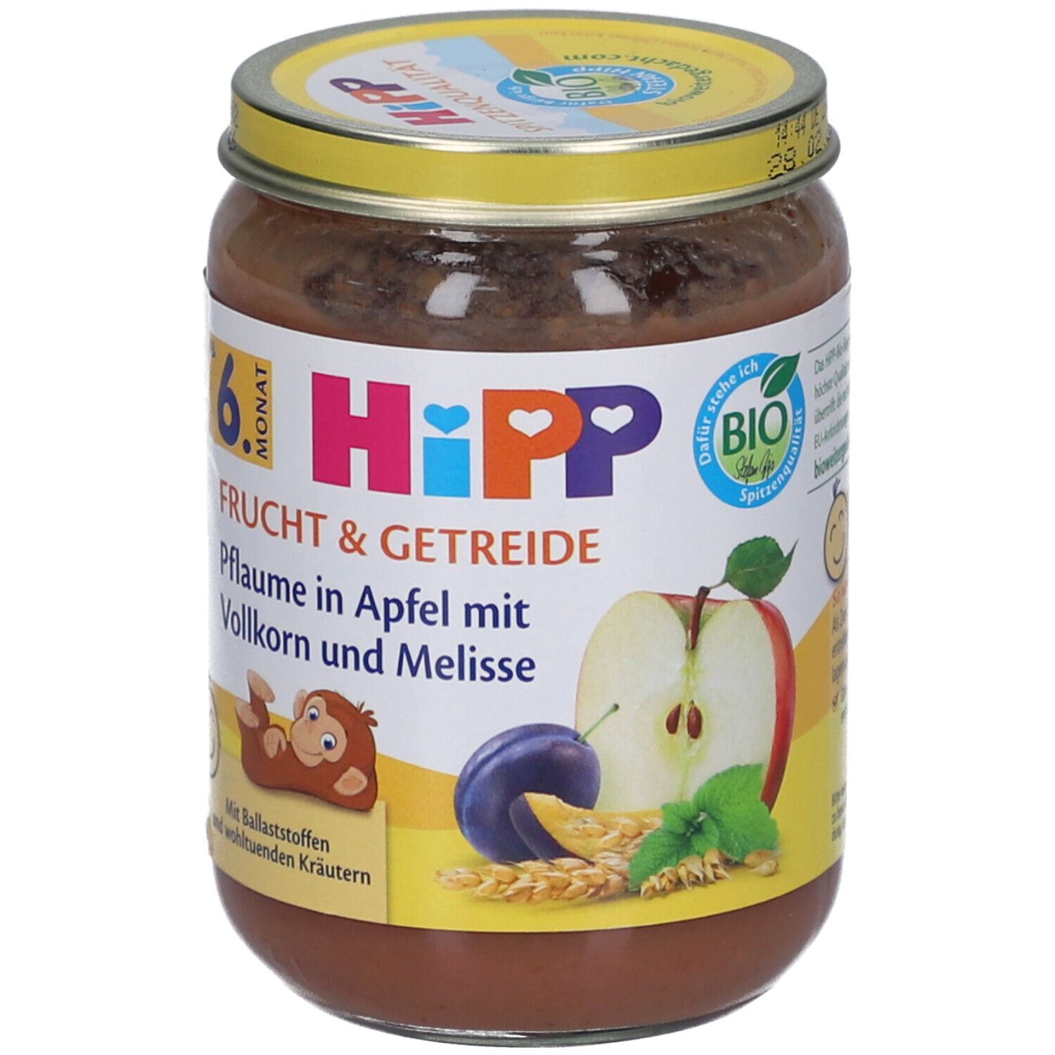Glas mit HIPP Frucht & Getreide, Pflaume in Apfel. Aufschrift: 6. Monat, Bio. Abbildung von Pflaume, Apfel und Getreide.
