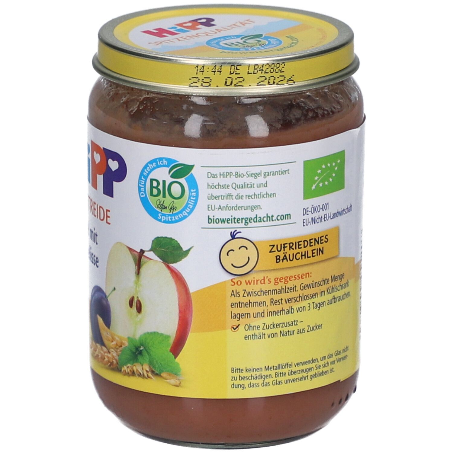 Glas mit HIPP Frucht & Getreide, Pflaume in Apfel. Aufschrift: 6. Monat, Bio. Abbildung von Pflaume, Apfel und Getreide.