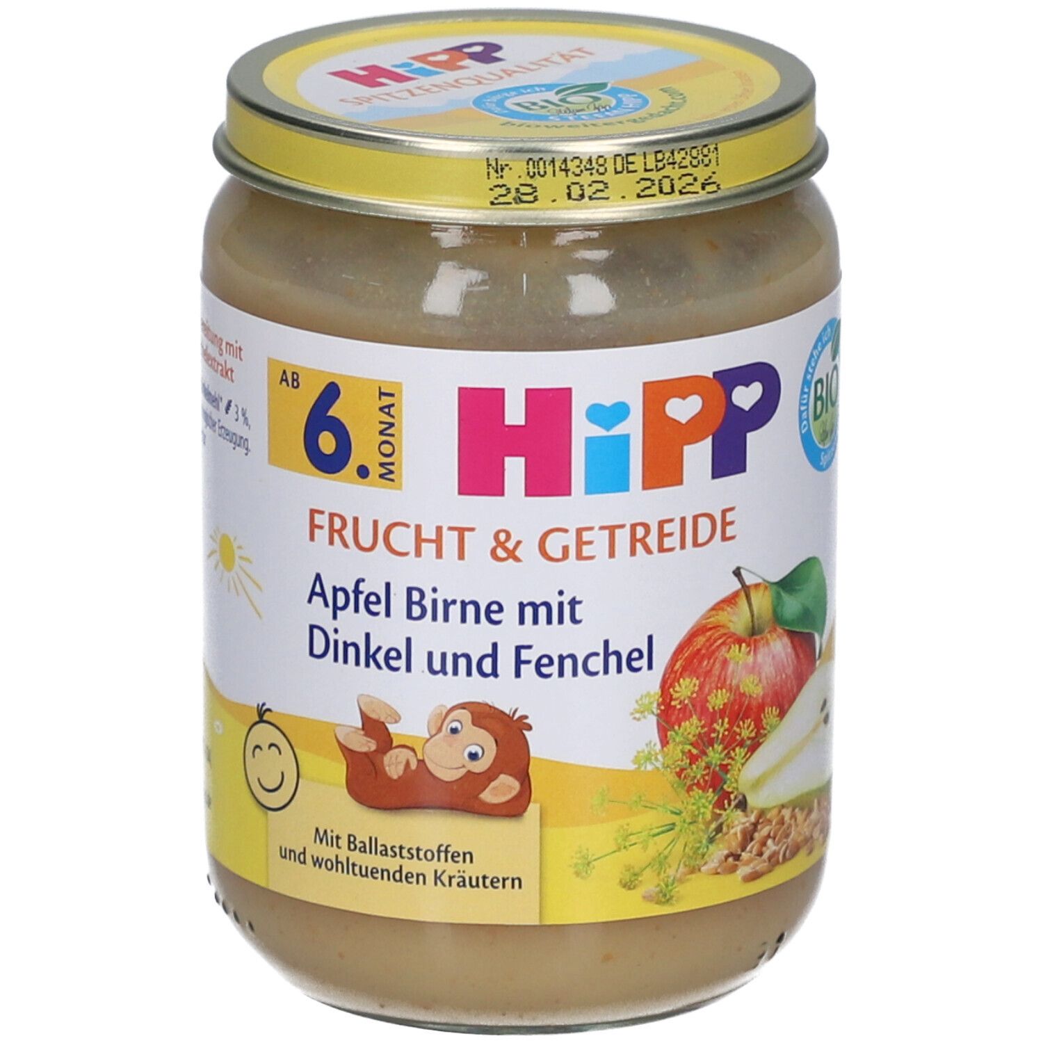 Glas mit HIPP Frucht & Getreide Apfel Birne mit Dinkel und Fenchel. Aufkleber mit Produktinformationen und Logo. Deckel mit Haltbarkeitsdatum.