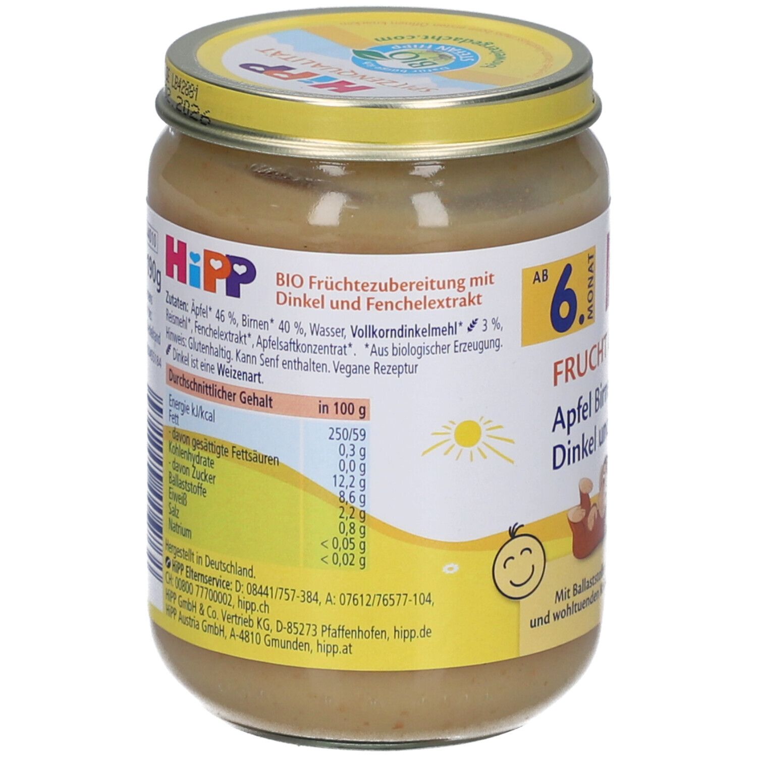Rückseite des Glases mit HIPP Frucht & Getreide. Zutatenliste, Nährwertangaben und Herstellerinformationen. Bio-Siegel und Sonnen-Symbol.