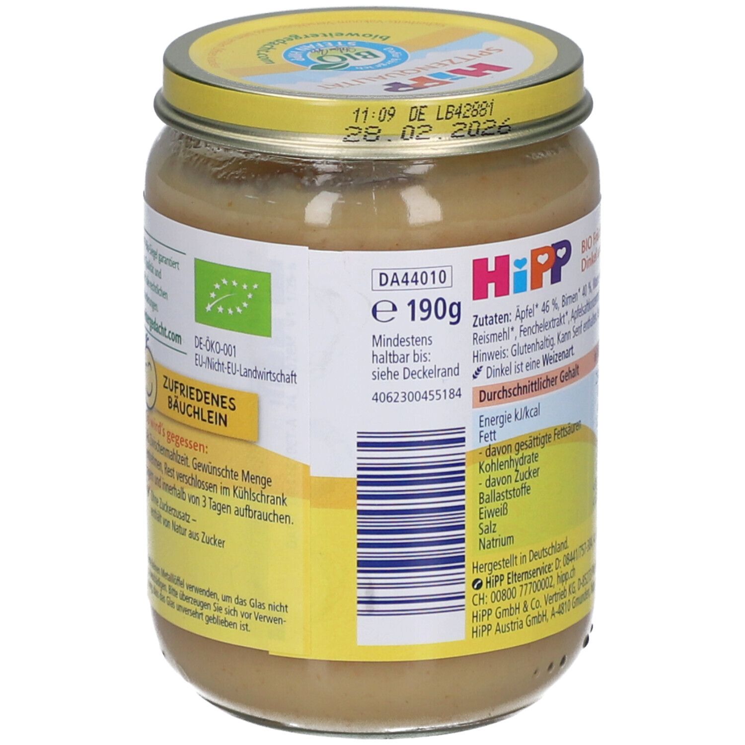 Glas mit HIPP Frucht & Getreide. Aufkleber mit Produktinformationen und Logo. Mindesthaltbarkeitsdatum und Bio-Siegel. Inhalt 190g.