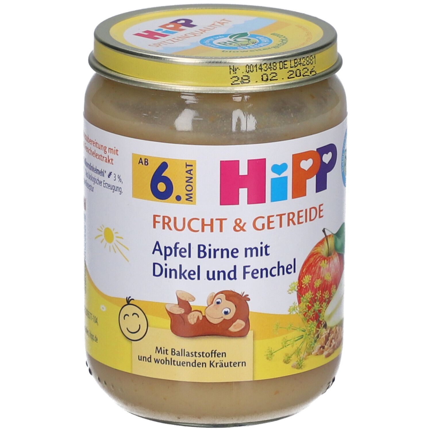 Glas mit HIPP Frucht & Getreide Apfel Birne mit Dinkel und Fenchel. Aufkleber mit Produktinformationen und Logo. Deckel mit Haltbarkeitsdatum.