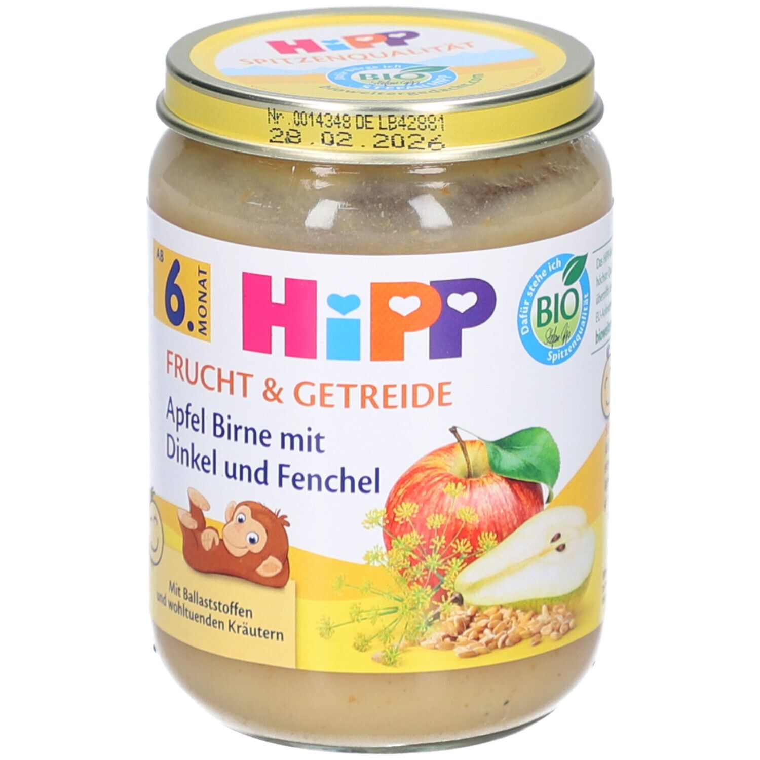 Glas mit HIPP Frucht & Getreide Apfel Birne mit Dinkel und Fenchel. Aufkleber mit Produktinformationen und Logo. Bio-Siegel und Deckel.
