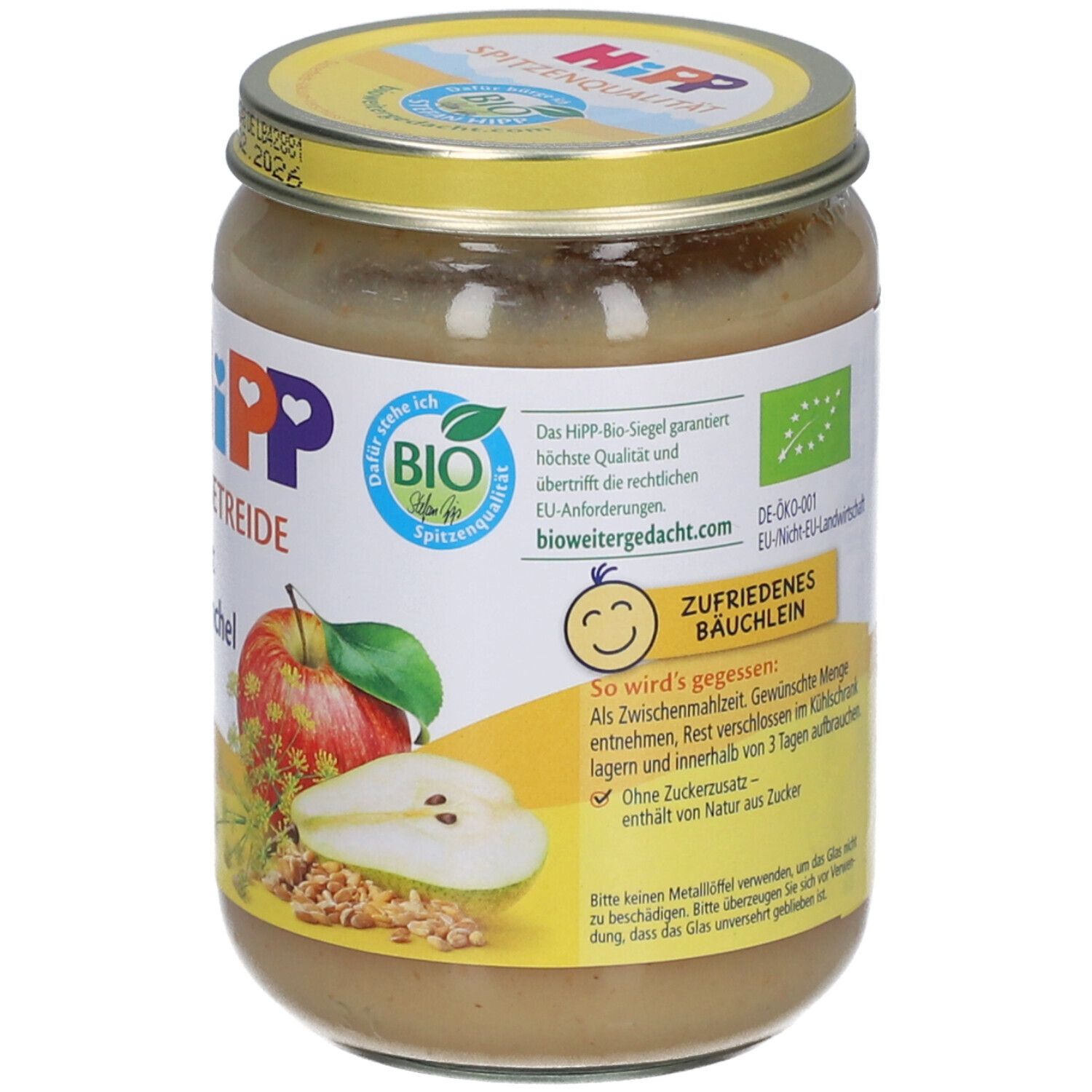 Glas mit HIPP Frucht & Getreide. Aufkleber mit Produktinformationen und Logo. Bio-Siegel und Informationen für zufriedene Bäuchlein. Deckel.