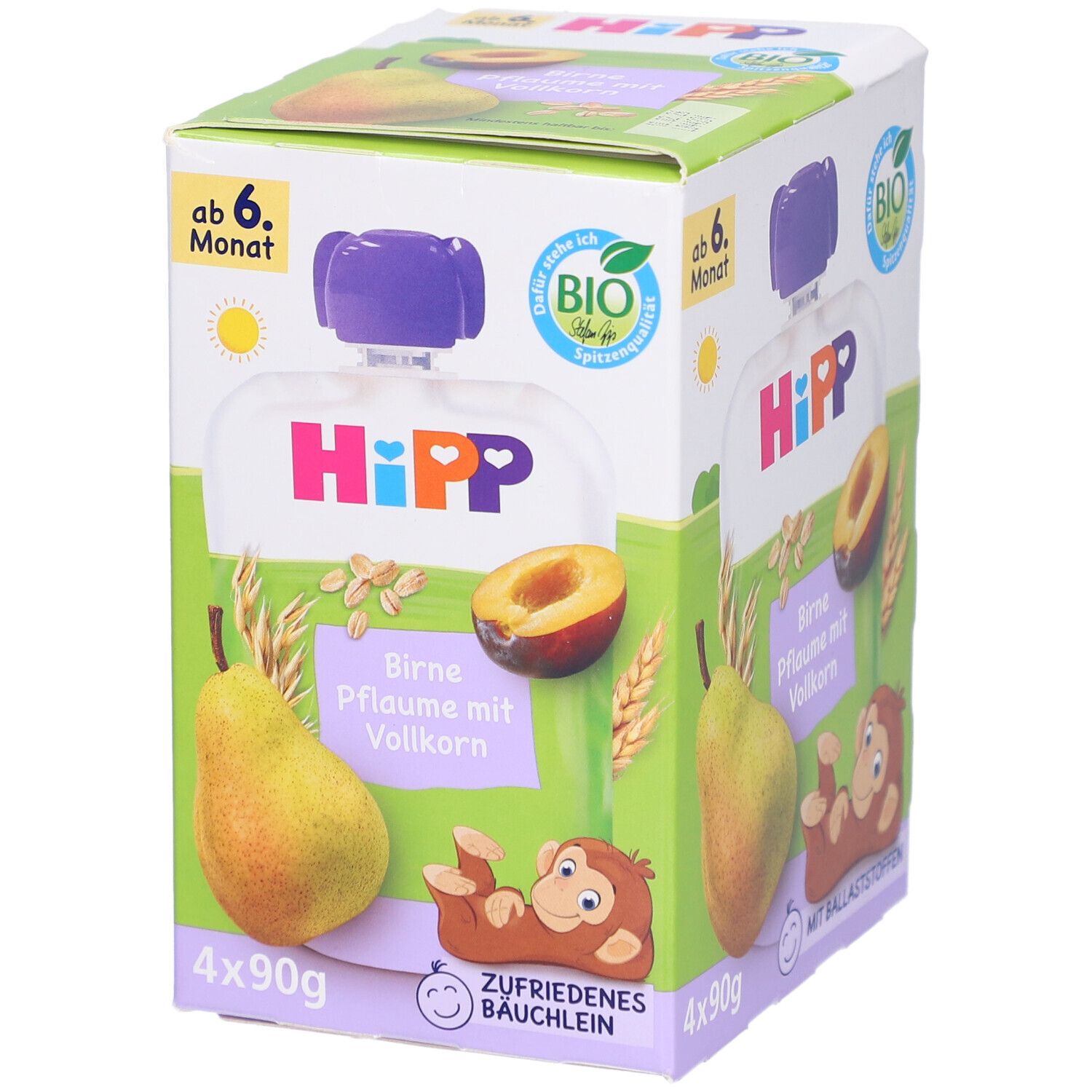 Verpackung von HIPP FR+GETR BIR/PFLA-VK4X90. Zeigt Birne, Pflaume mit Vollkorn. 4x90g. Aufdruck: Zufriedenes Bäuchlein.