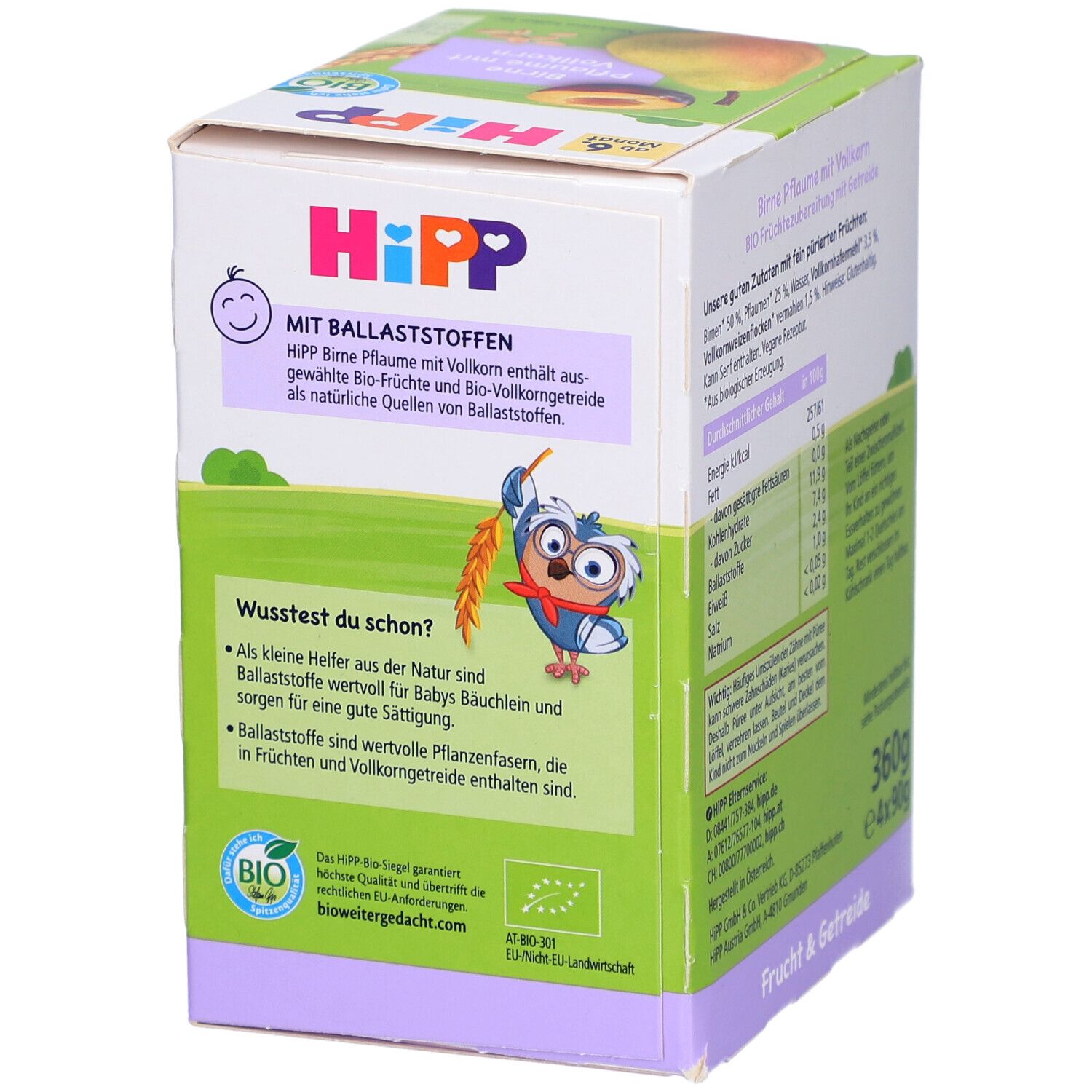 Rückseite der Verpackung von HIPP FR+GETR BIR/PFLA-VK4X90. Enthält Informationen zu Ballaststoffen und Bio-Qualität.