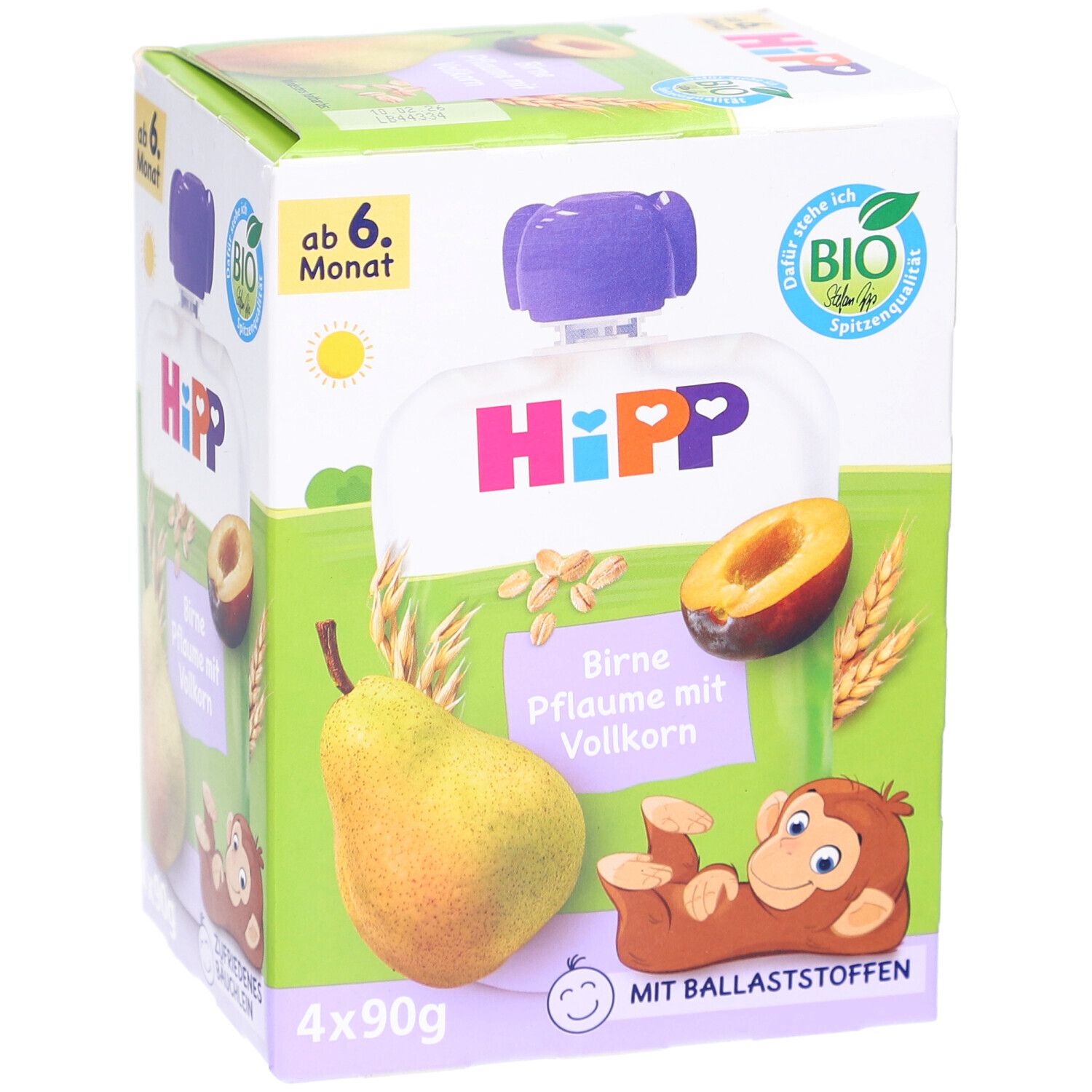 Verpackung von HIPP FR+GETR BIR/PFLA-VK4X90. Zeigt Birne, Pflaume mit Vollkorn. 4x90g. Bio-Qualität.