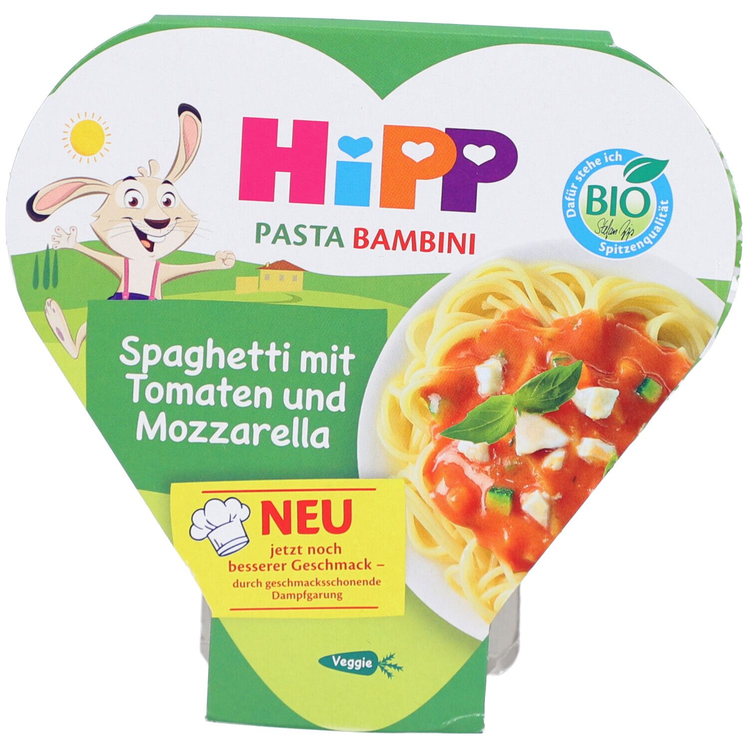 Verpackung mit HIPP Pasta Bambini. Spaghetti mit Tomaten und Mozzarella. Bio-Qualität. Abbildung von Spaghetti.