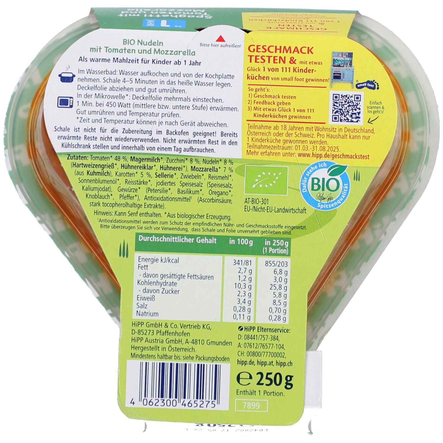 Rückseite der HIPP Pasta Bambini Verpackung. Zutatenliste, Nährwertangaben, Bio-Siegel, QR-Code und weitere Informationen.