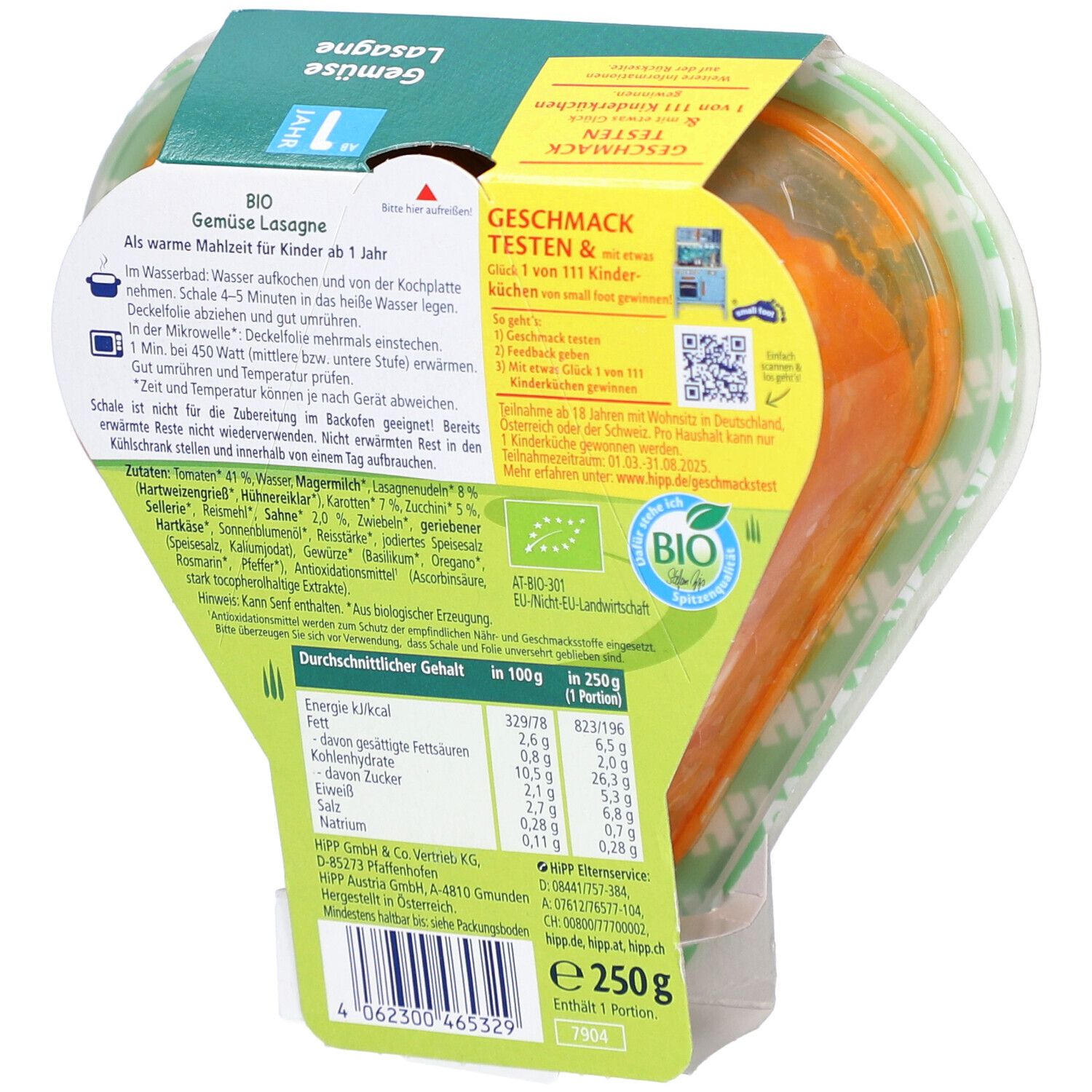 Rückseite der HIPP Pasta Bambini Gemüse Lasagne Verpackung. Informationen zu Zutaten, Nährwerten, Zubereitung und Bio-Siegel.