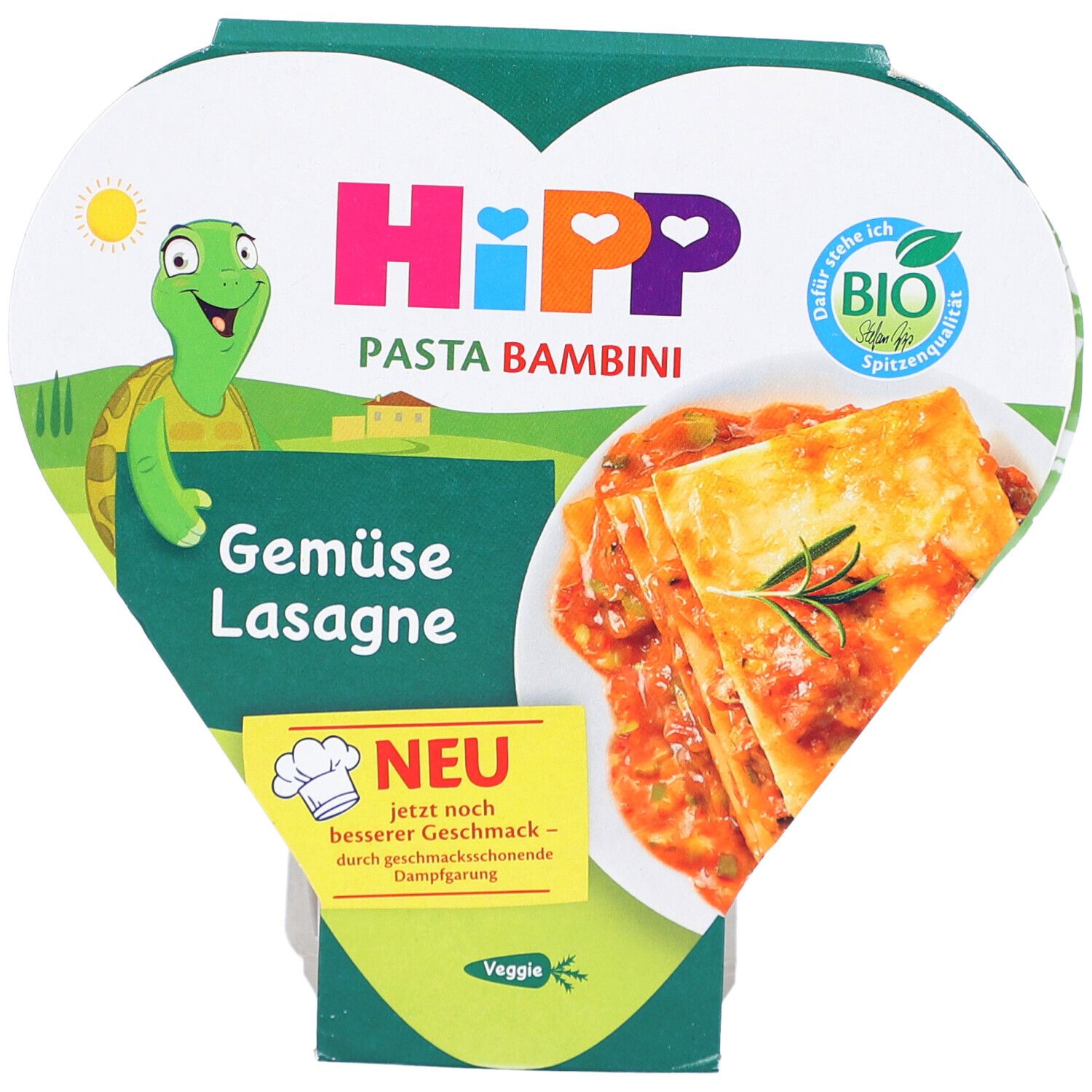 HIPP Pasta Bambini Gemüse Lasagne in herzförmiger Verpackung. Logo, Bio-Siegel und Abbildung des Gerichts.