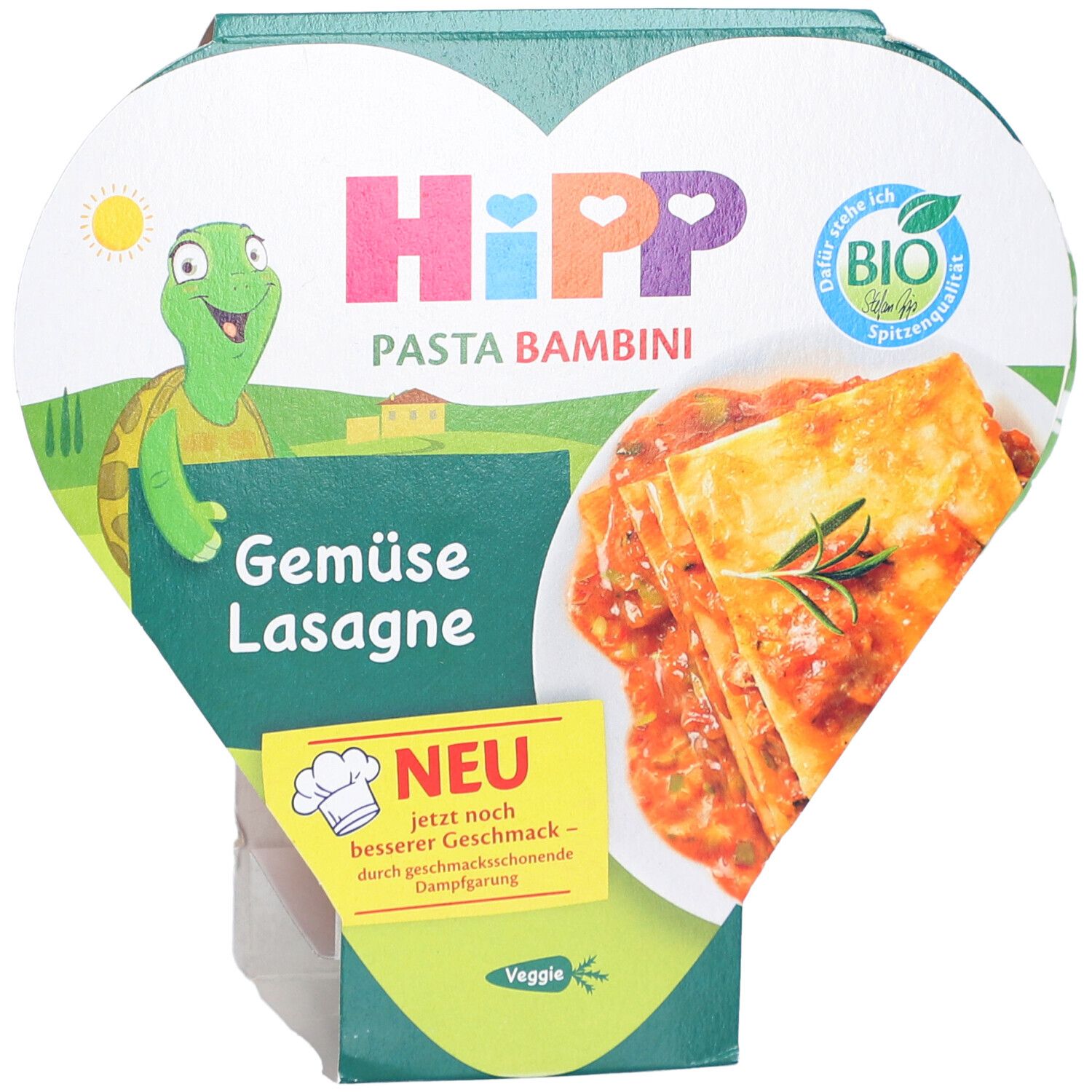 HIPP Pasta Bambini Gemüse Lasagne in herzförmiger Verpackung. Logo, Bio-Siegel und Abbildung des Gerichts.