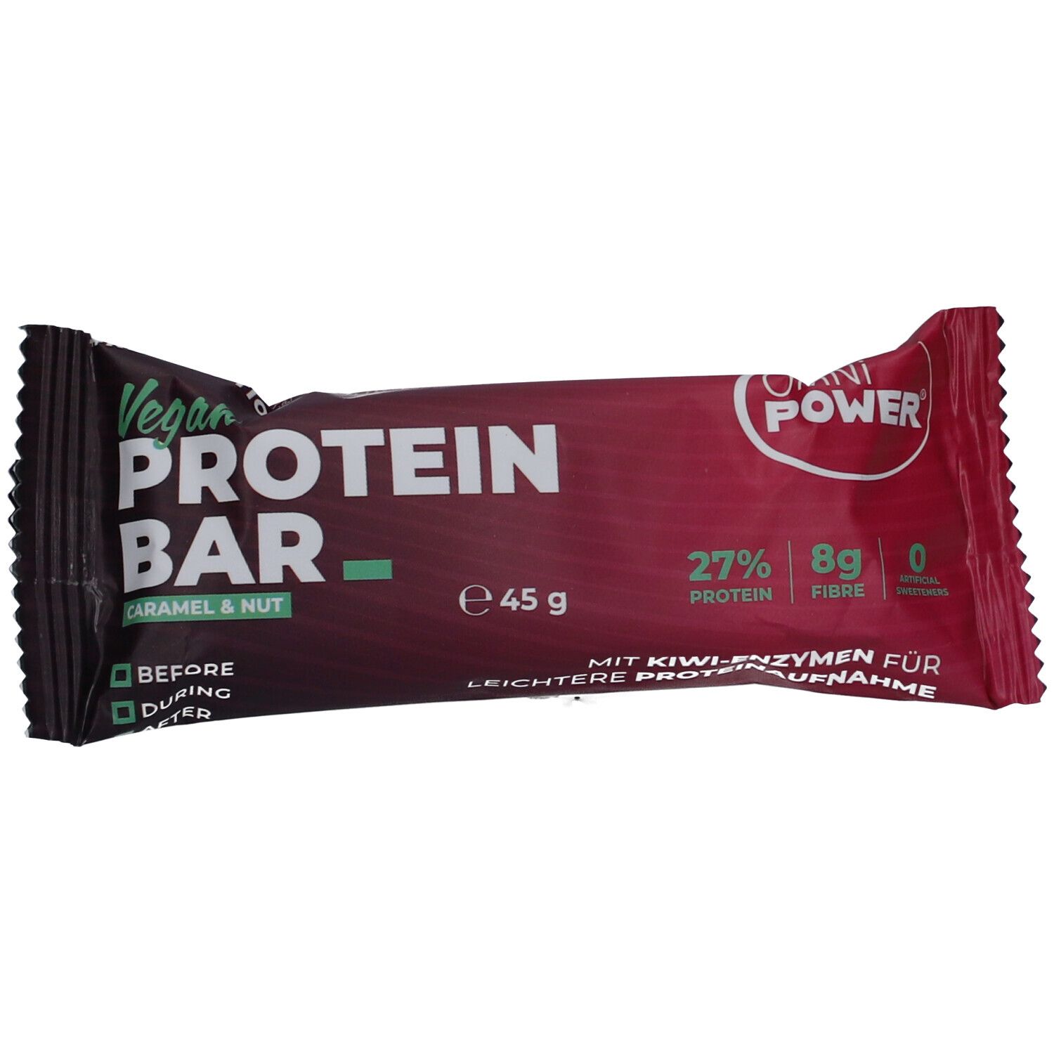 Proteinriegel Karamell & Nuss in Verpackung. Enthält 27% Protein, 8g Ballaststoffe. Vegan. Marke: OMNI-POWER.