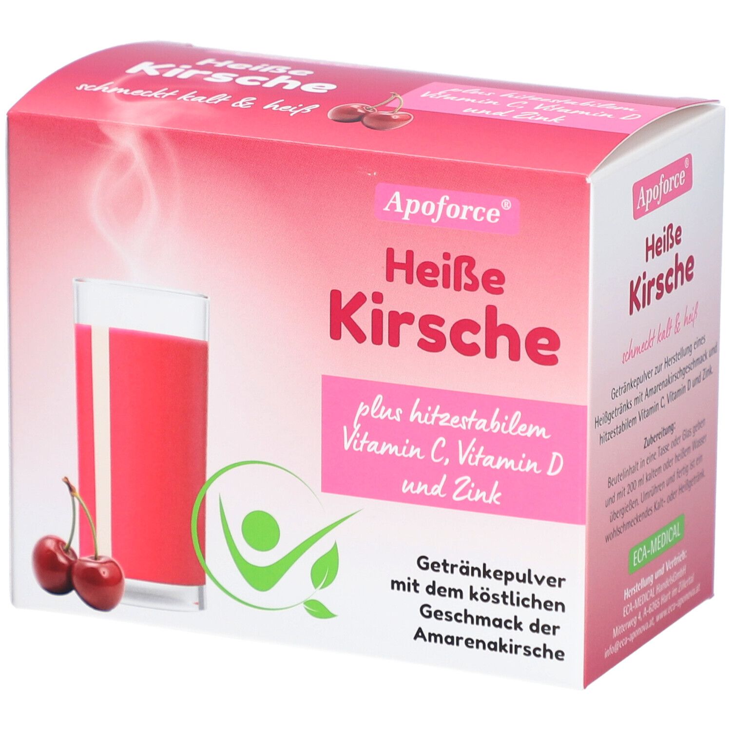 Verpackung von Apoforce Heiße Kirsche. Zeigt ein Glas Kirschgetränk, Kirschen und Produktinformationen.