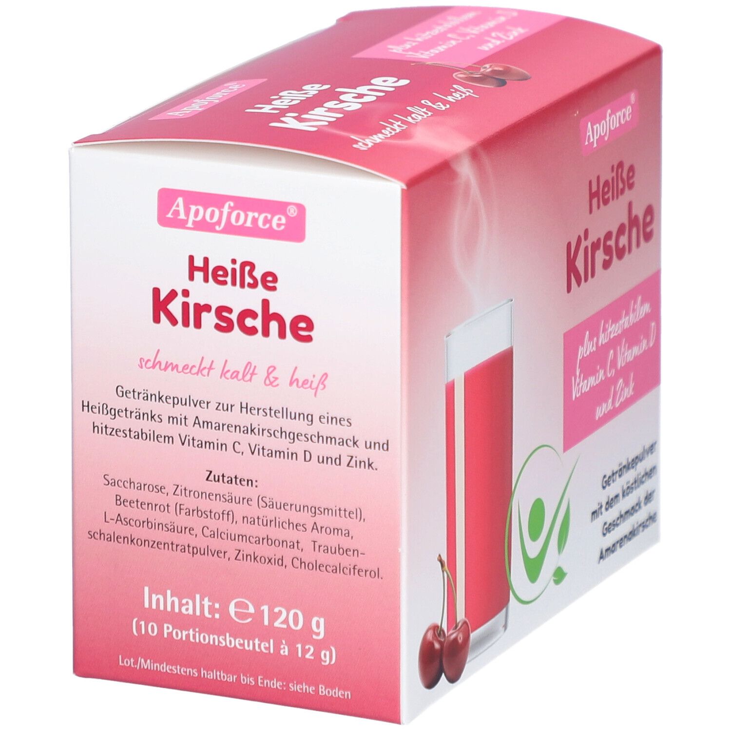 Verpackung von Apoforce Heiße Kirsche. Enthält Produktinformationen, Zutaten und Nährwertangaben.