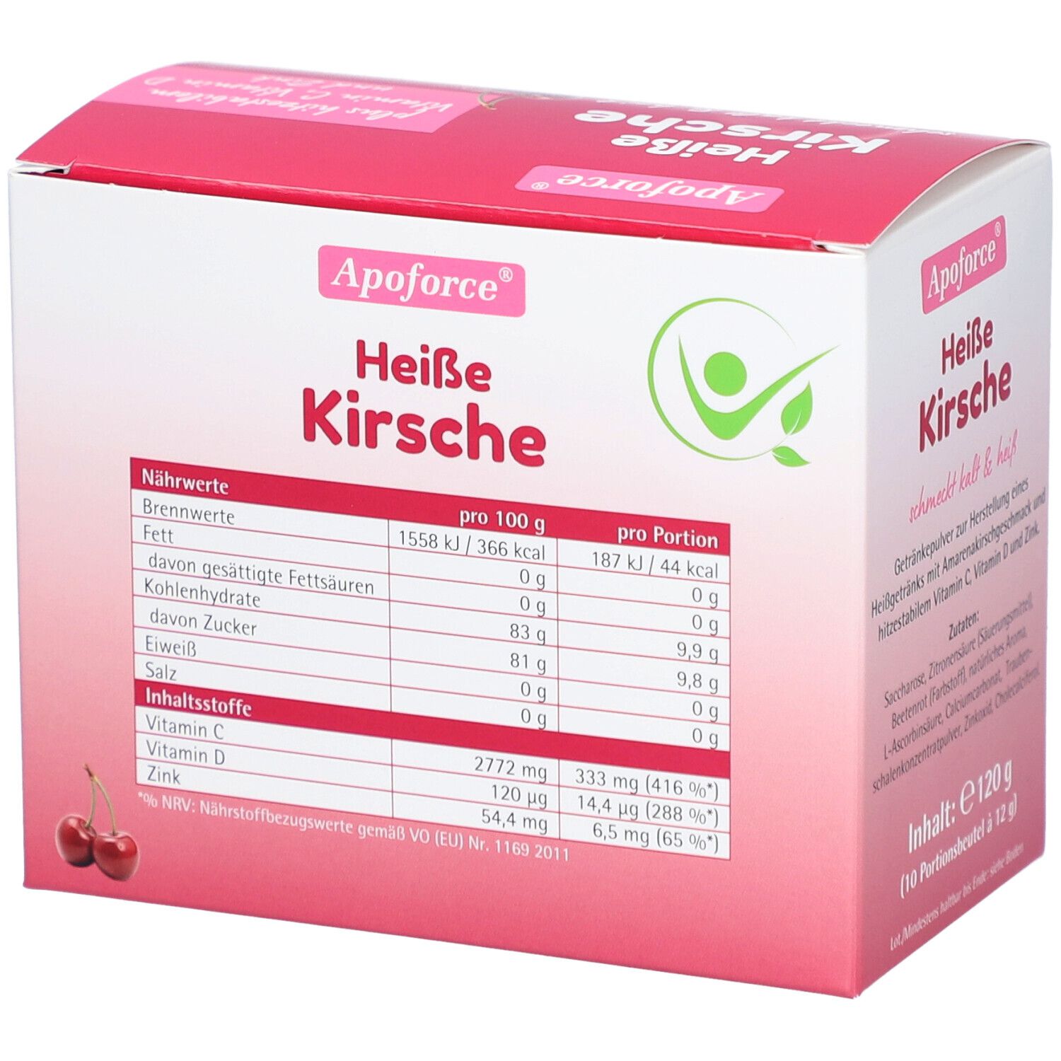 Verpackung von Apoforce Heiße Kirsche. Zeigt Nährwertangaben pro 100g und pro Portion.