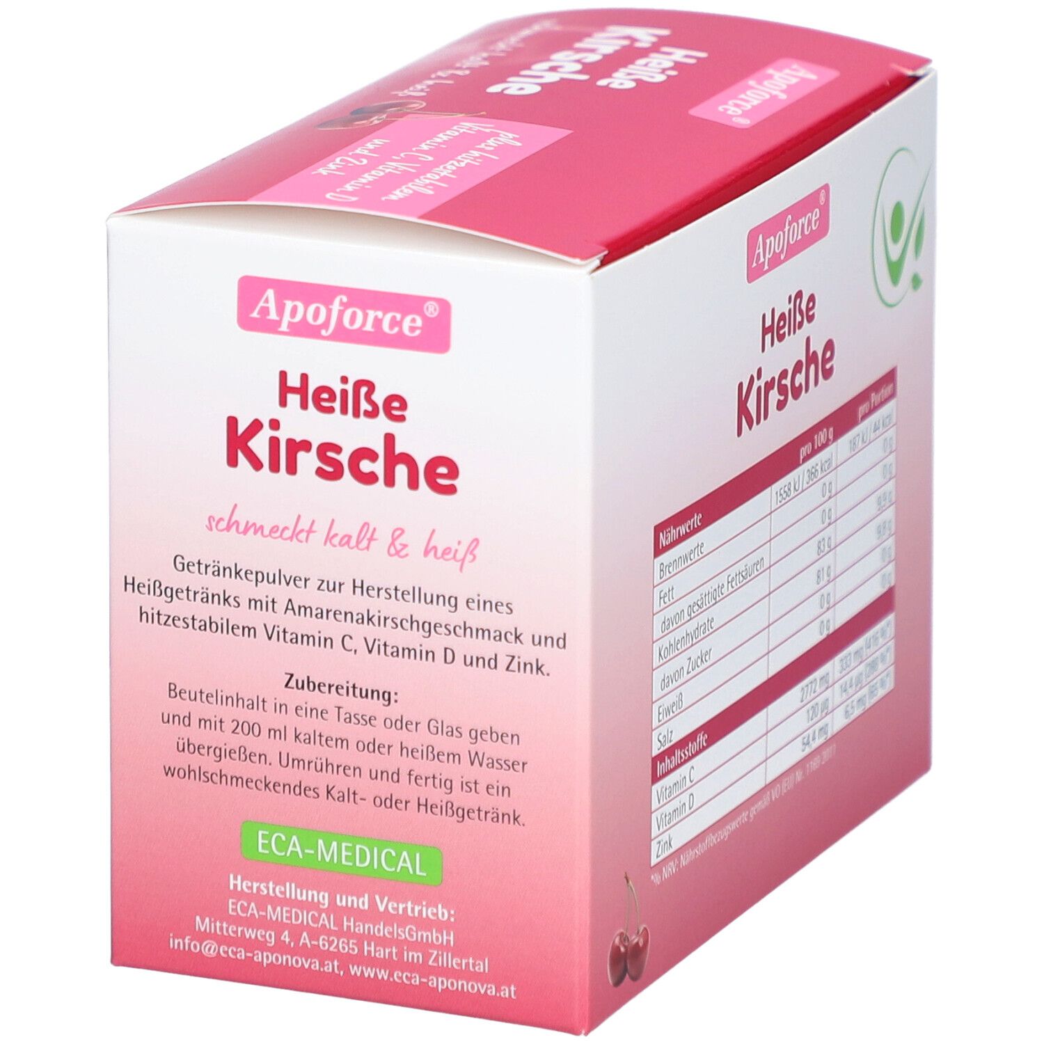 Verpackung von Apoforce Heiße Kirsche. Zeigt Produktinformationen, Zubereitungshinweise und Herstellerdetails.