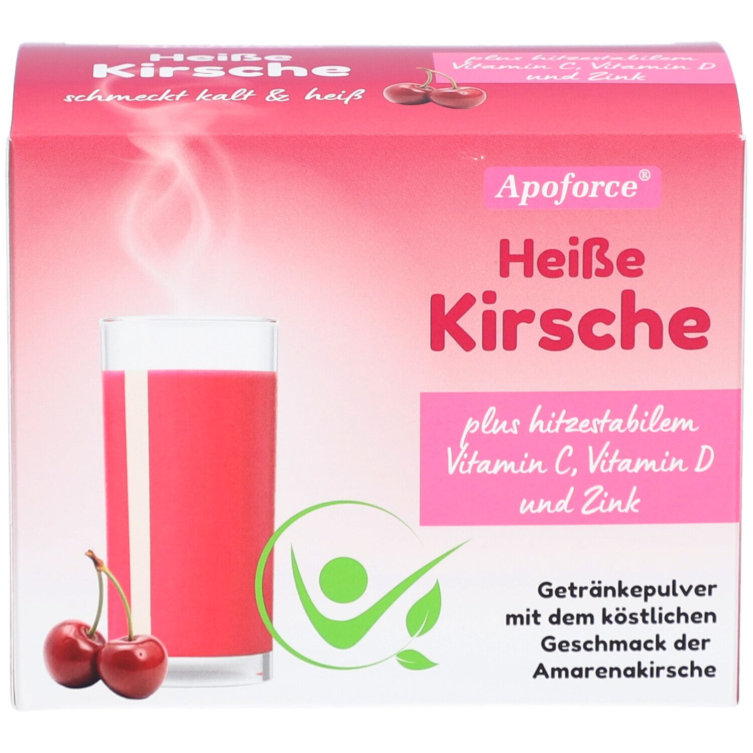 Verpackung von Apoforce Heiße Kirsche. Zeigt ein Glas Kirschgetränk, Kirschen und Produktinformationen.