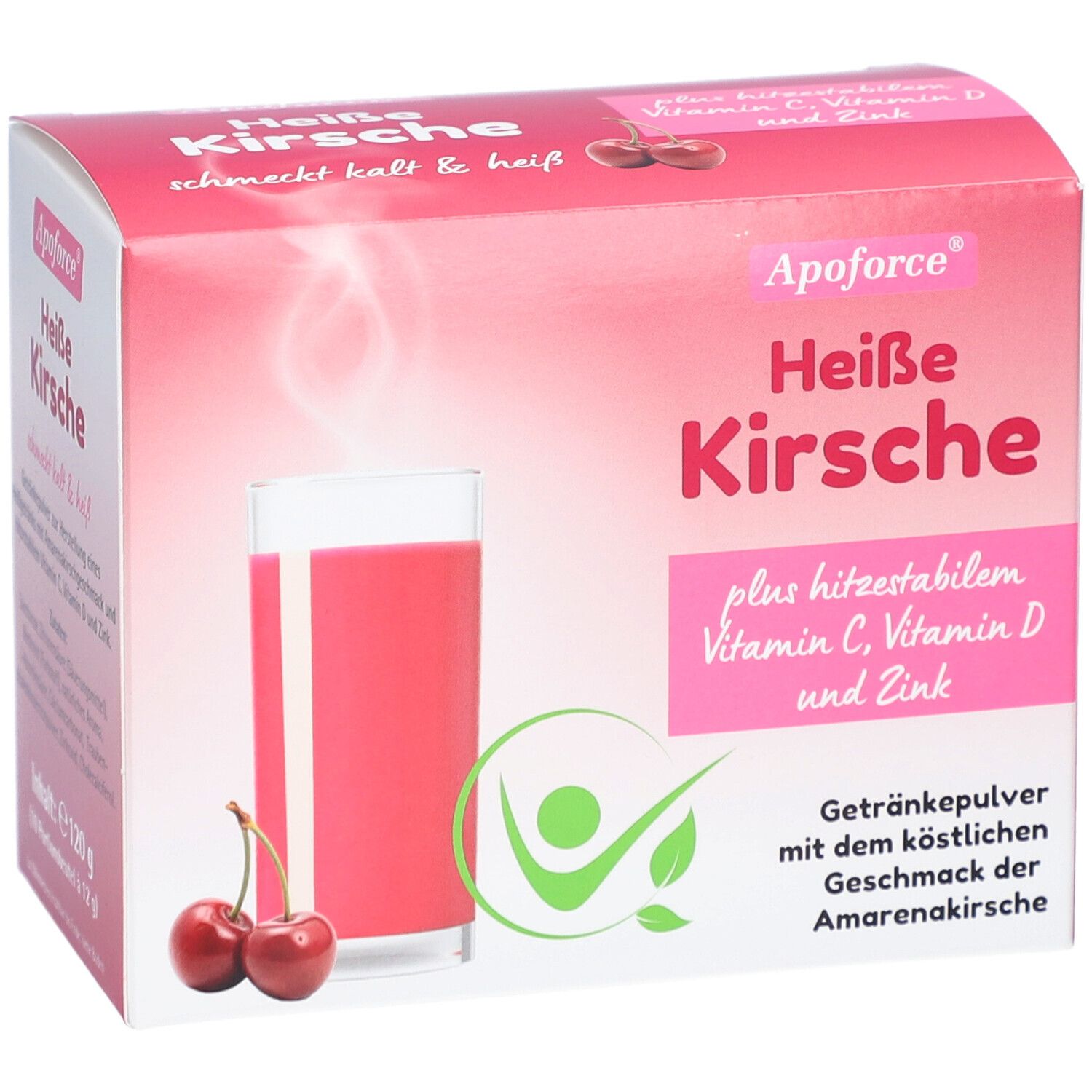 Verpackung von Apoforce Heiße Kirsche. Zeigt ein Glas Kirschgetränk, Kirschen und Produktinformationen.