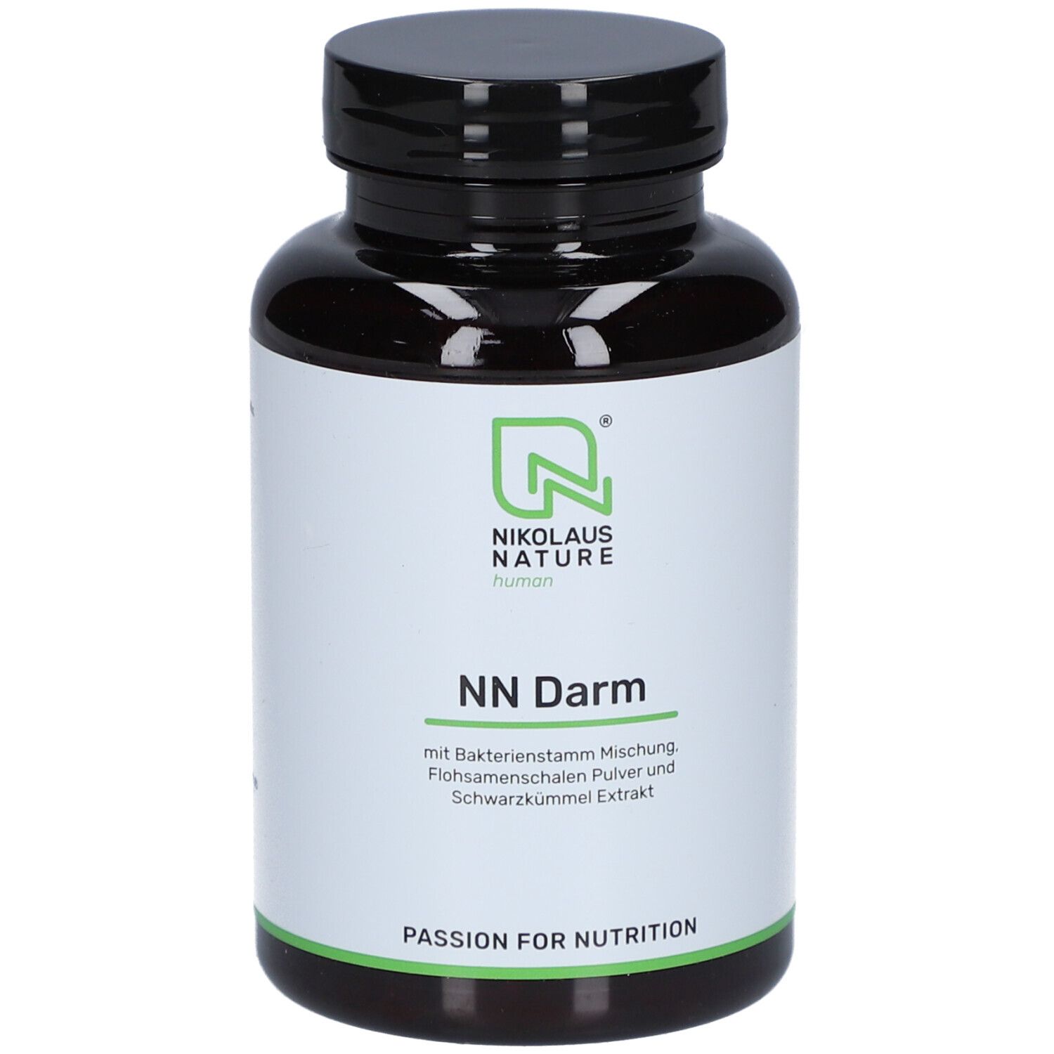 Braune Kapsel-Dose mit schwarzem Deckel. Aufschrift: NN Darm, Nikolaus Nature. Enthält Flohsamenschalen und Schwarzkümmel.
