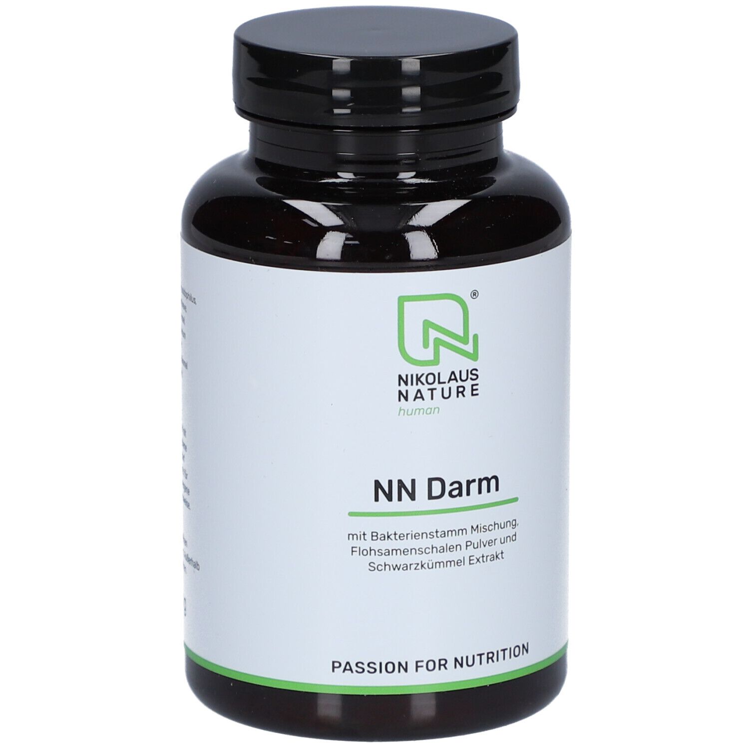 Braune Kapsel-Dose mit schwarzem Deckel. Aufschrift: NN Darm, Nikolaus Nature. Enthält Flohsamenschalen und Schwarzkümmel.
