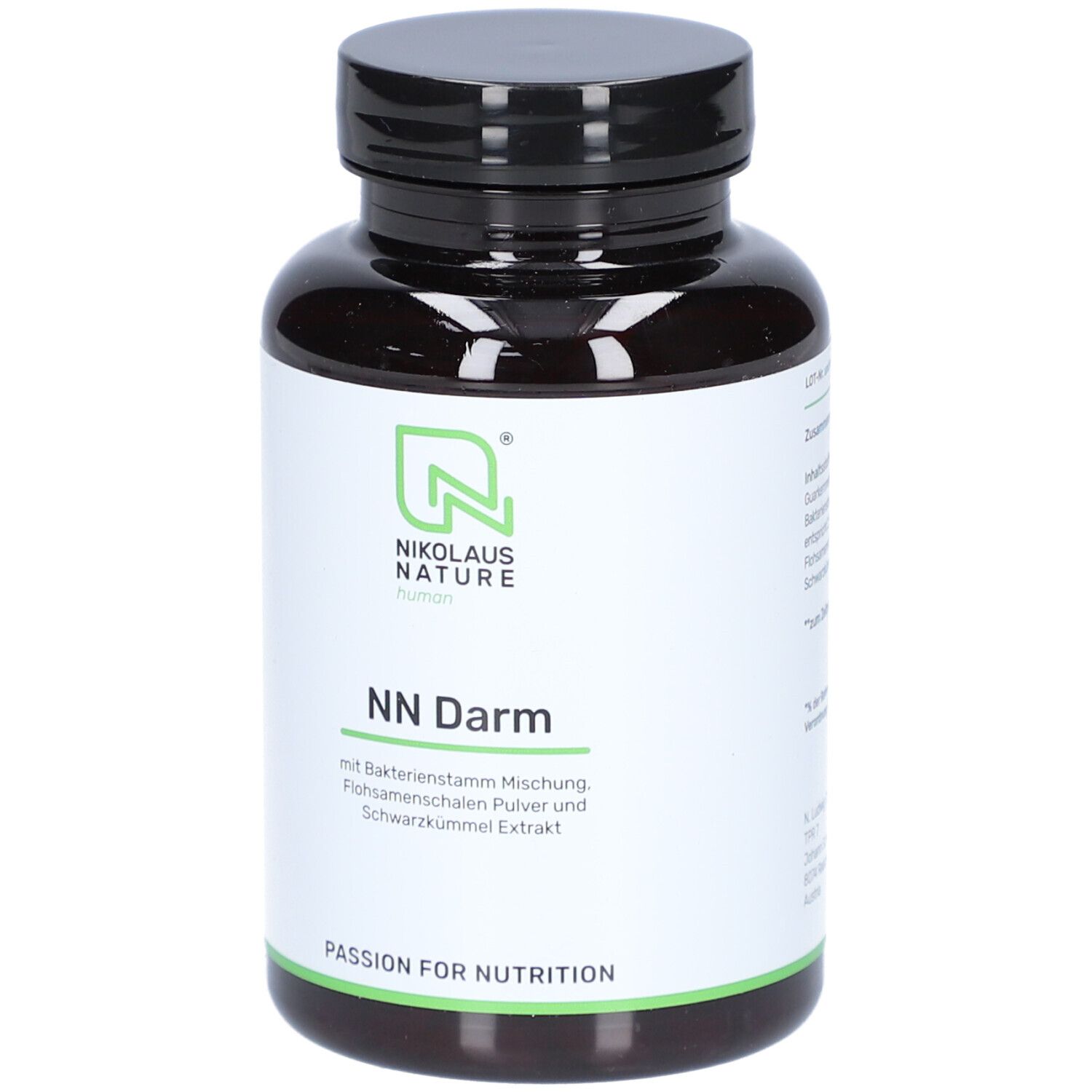Braune Kapsel-Dose mit schwarzem Deckel. Aufschrift: NN Darm, Nikolaus Nature. Enthält Flohsamenschalen und Schwarzkümmel.