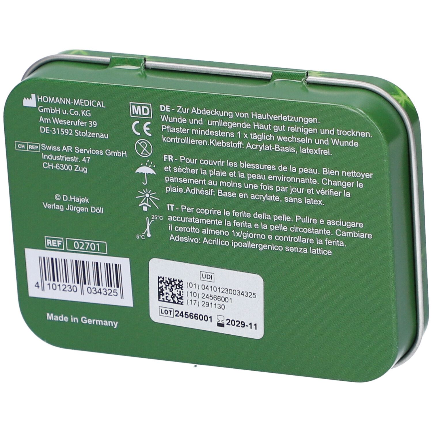 Rückseite der grünen Metallbox. Text: HOMANN-MEDICAL GmbH, Gebrauchsanweisung, Chargennummer, Hergestellt in Deutschland.