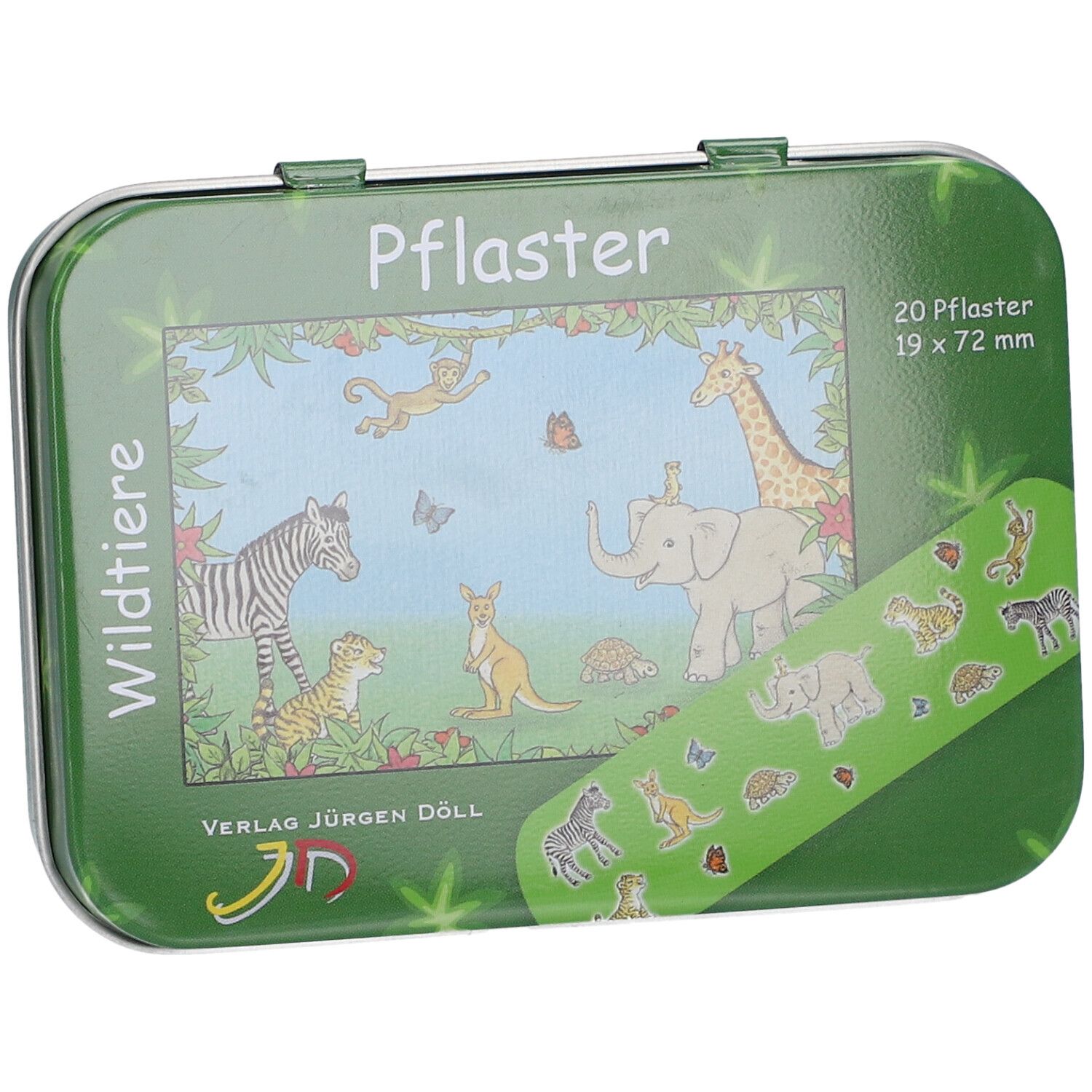 Grüne Metallbox mit Tierpflastern. Aufdruck: Wildtiere, 20 Pflaster, 19 x 72 mm. Verlag Jürgen Döll. Deckel geöffnet.