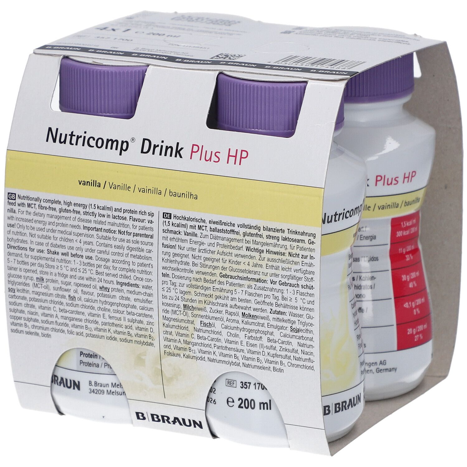Packung mit vier Flaschen Nutricomp Drink Plus HP. Flaschen mit lila Deckel, in Kartonverpackung. Aufdrucke mit Produktinformationen.