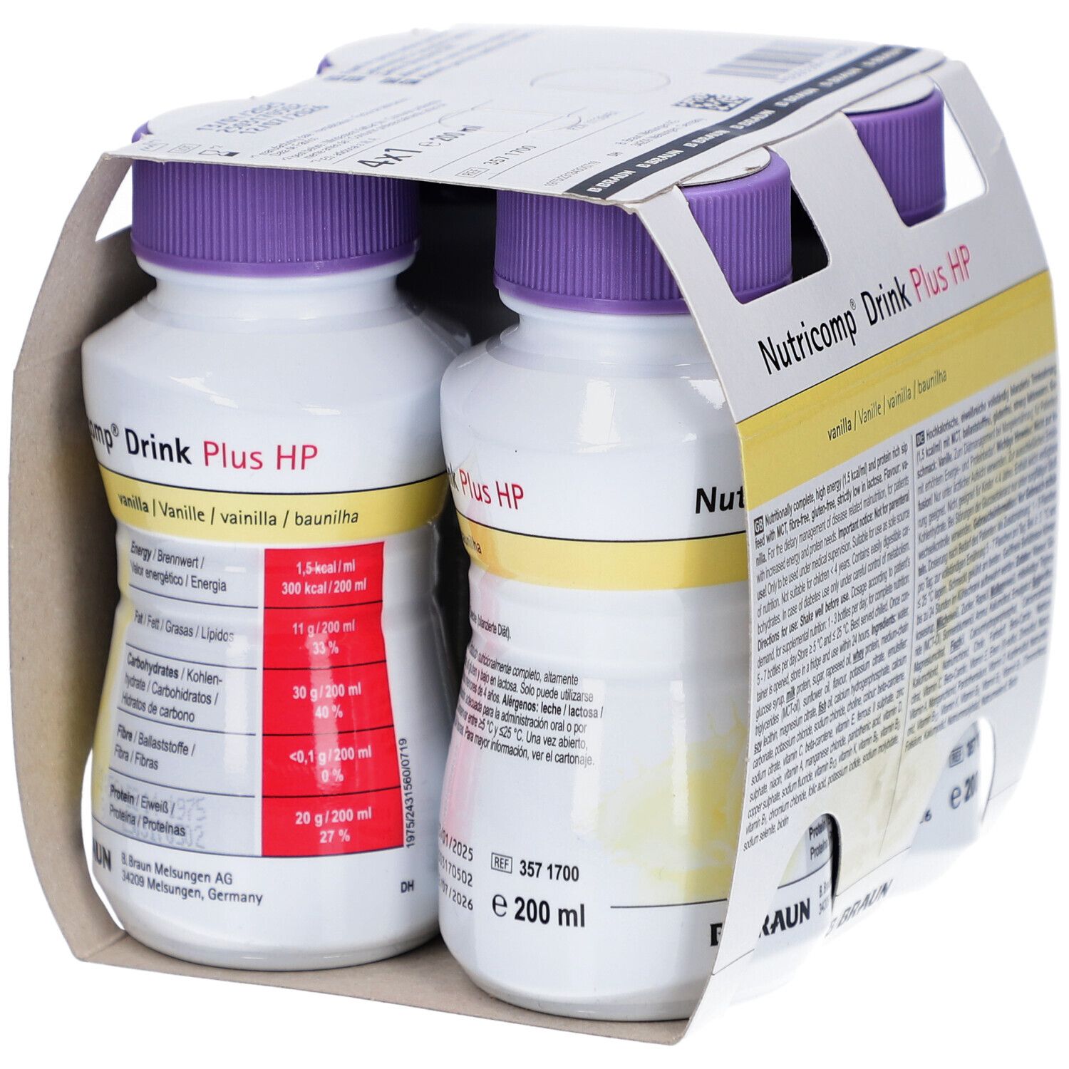 Packung mit vier Flaschen Nutricomp Drink Plus HP. Flaschen mit lila Deckel, in Kartonverpackung. Nährwertangaben aufgedruckt.