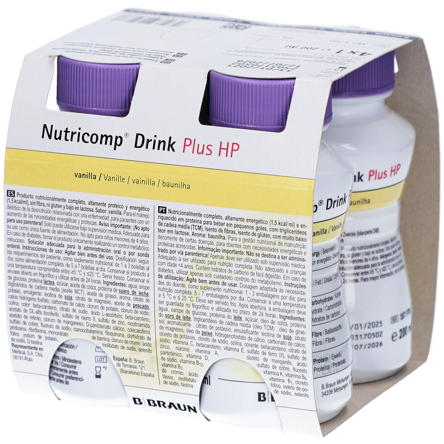 Packung mit vier Flaschen Nutricomp Drink Plus HP. Flaschen mit lila Deckel, in Kartonverpackung. Produktinformationen in verschiedenen Sprachen.