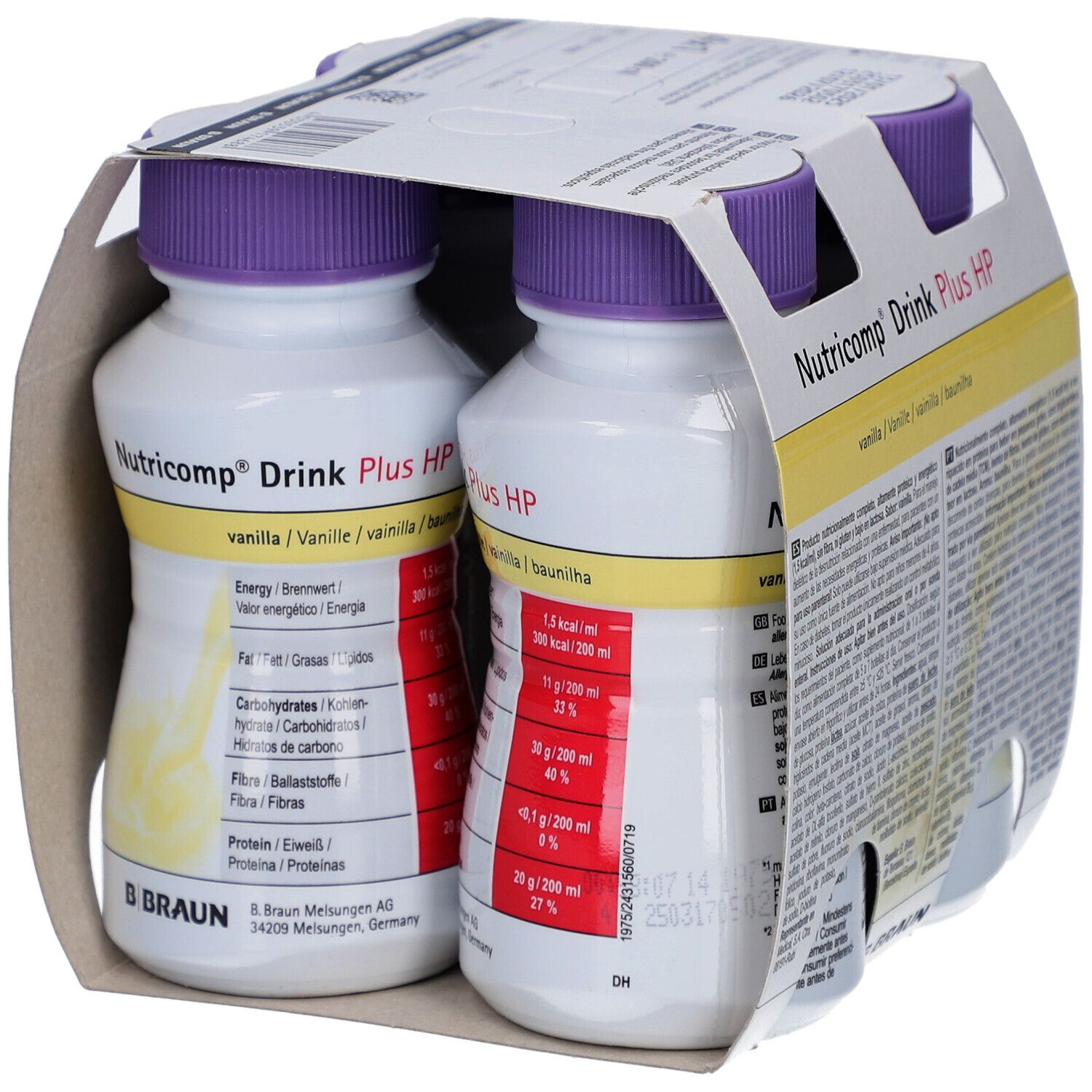 Packung mit vier Flaschen Nutricomp Drink Plus HP. Flaschen mit lila Deckel, in Kartonverpackung. Nährwertangaben und Haltbarkeitsdatum.