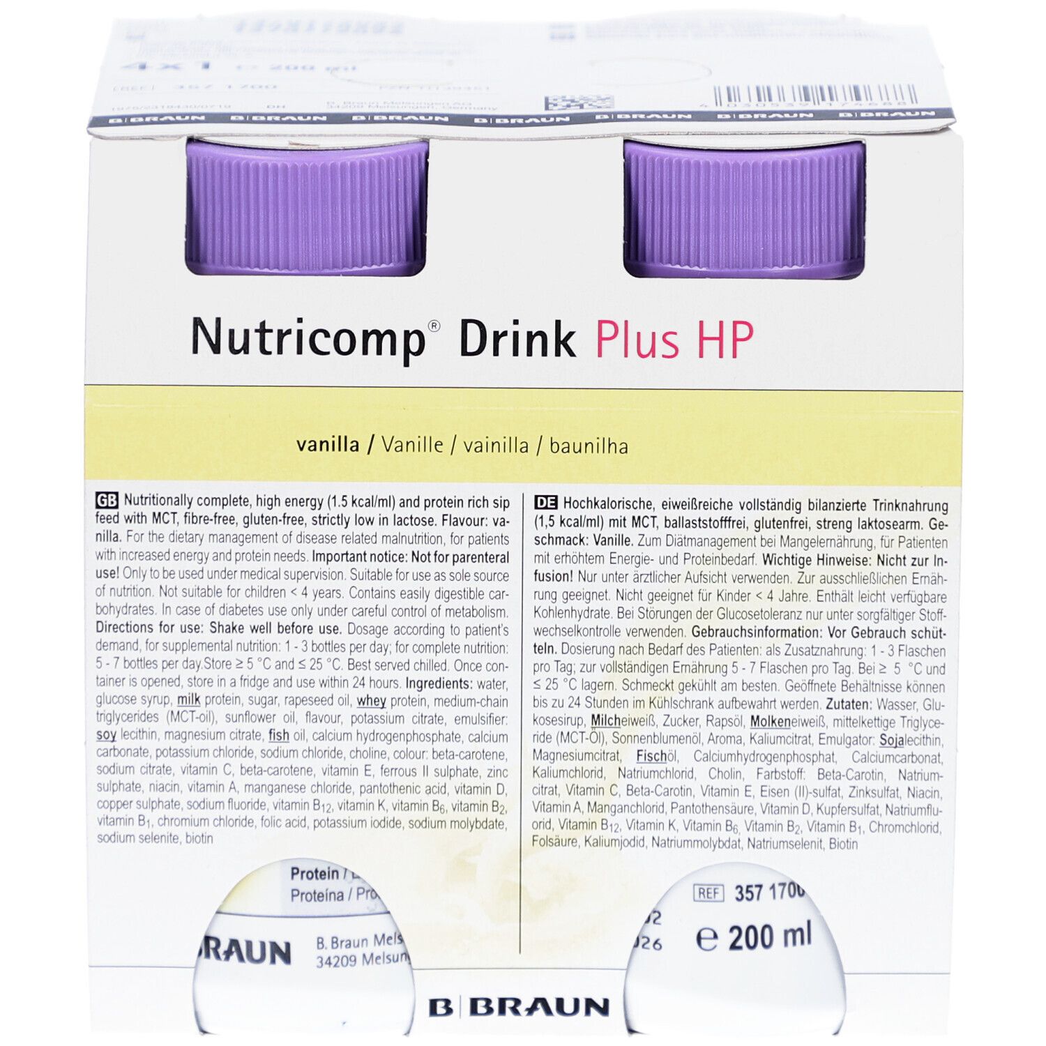 Packung mit vier Flaschen Nutricomp Drink Plus HP. Flaschen mit lila Deckel, in Kartonverpackung. Produktinformationen in verschiedenen Sprachen.