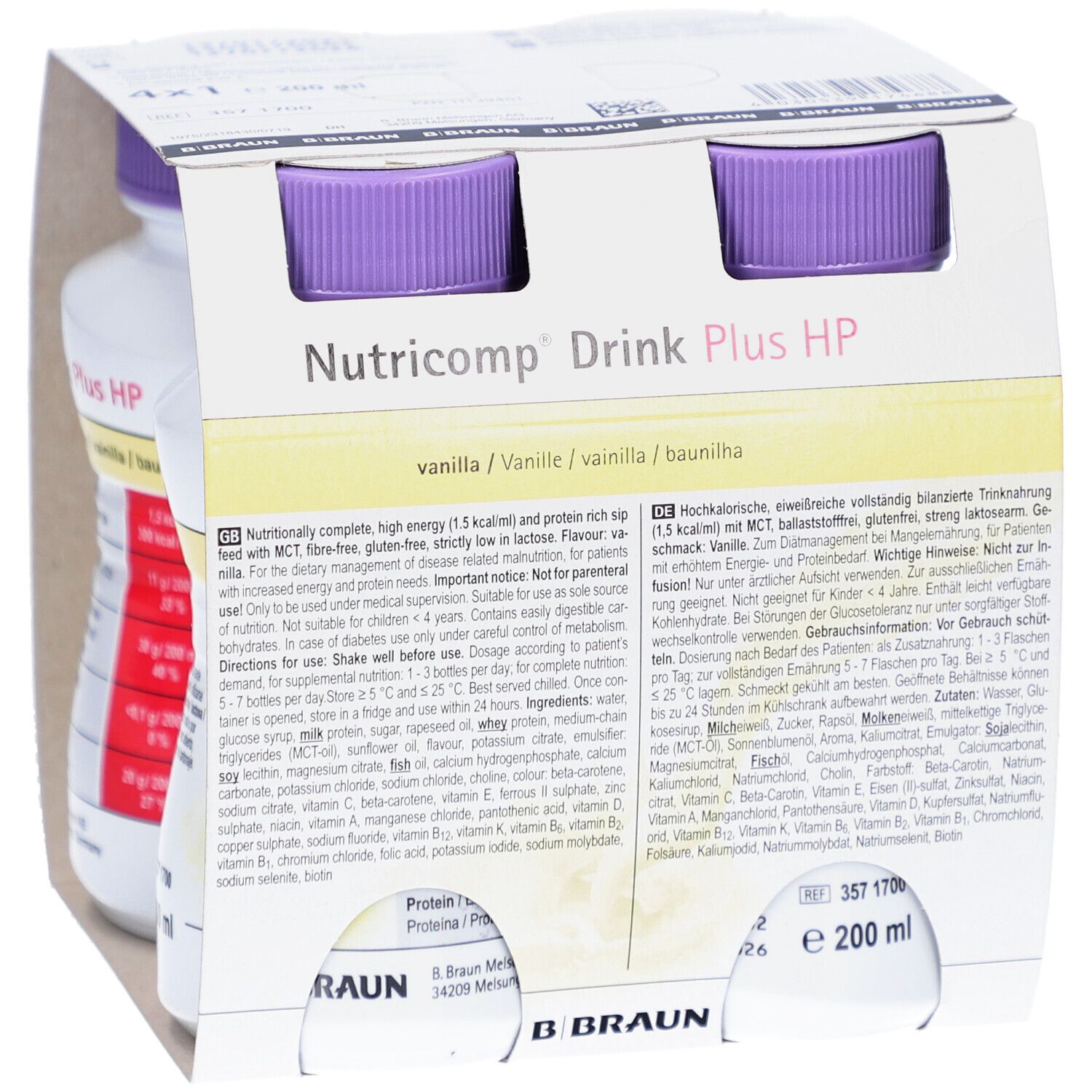 Packung mit vier Flaschen Nutricomp Drink Plus HP. Flaschen mit lila Deckel, in Kartonverpackung. Produktinformationen in verschiedenen Sprachen.