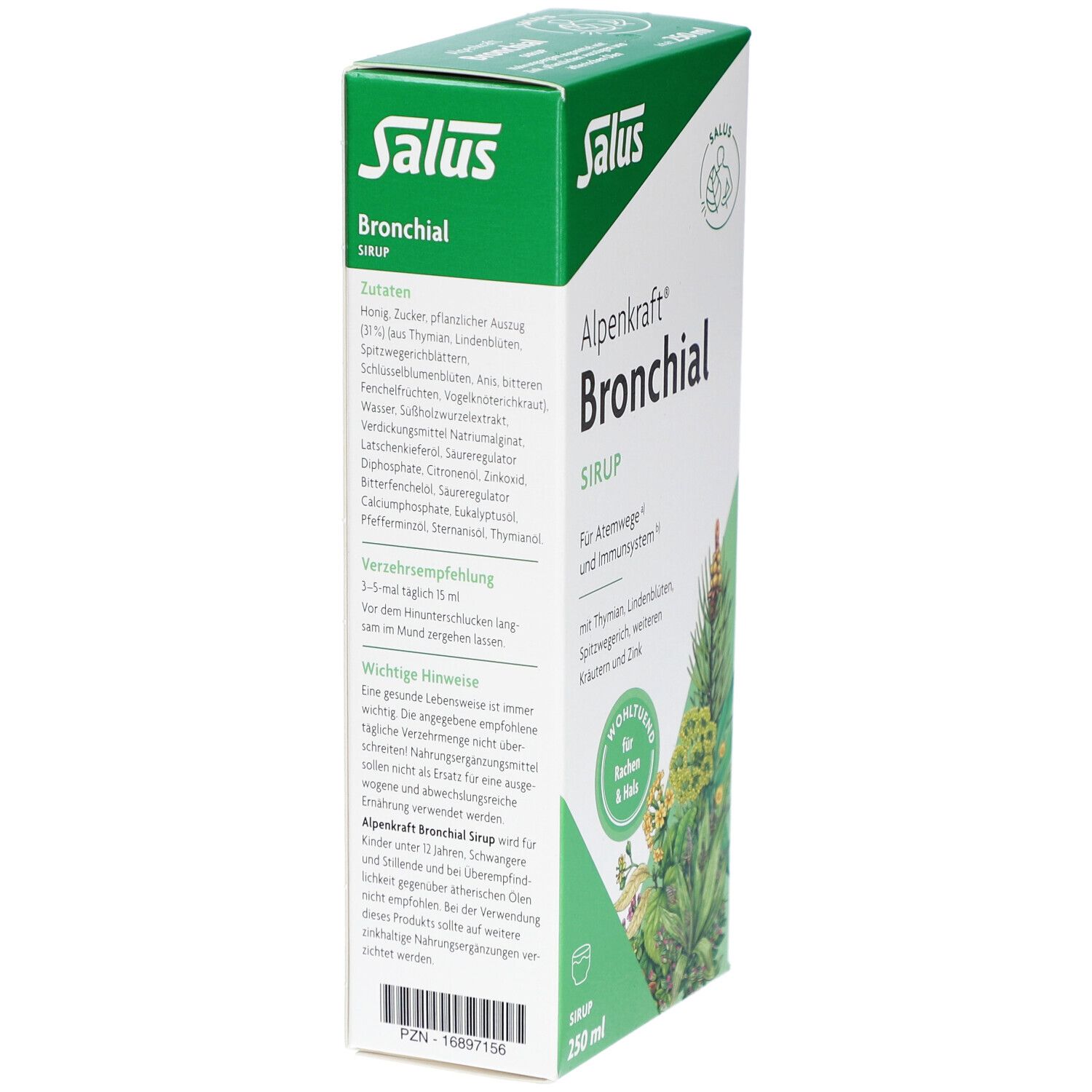 Verpackung von Alpenkraft Bronchial Sirup. Enthält Zutatenliste und Anwendungshinweise. Grün-weiße Farbgebung.