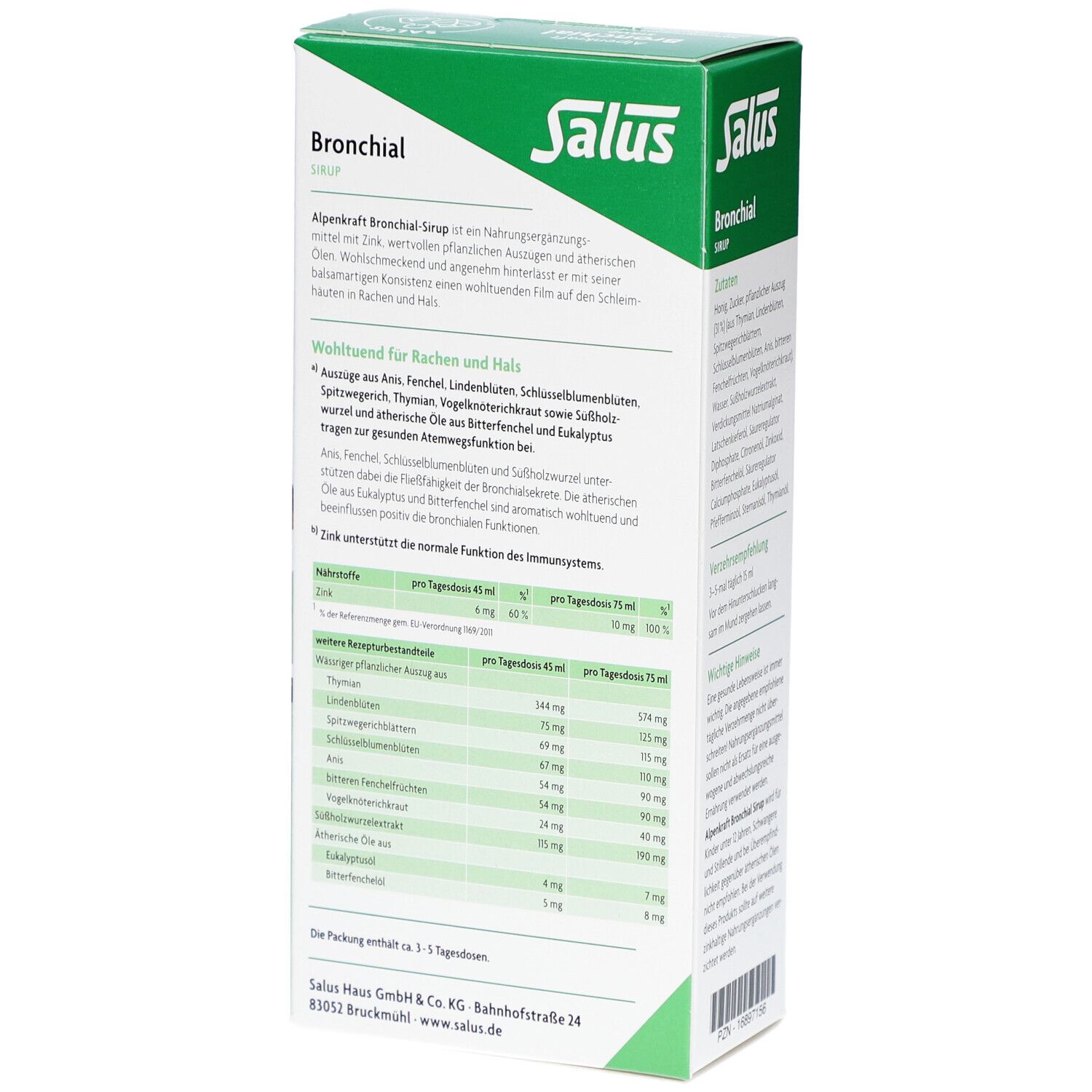 Rückseite der Verpackung von Alpenkraft Bronchial Sirup. Enthält Nährwertangaben und weitere Informationen.