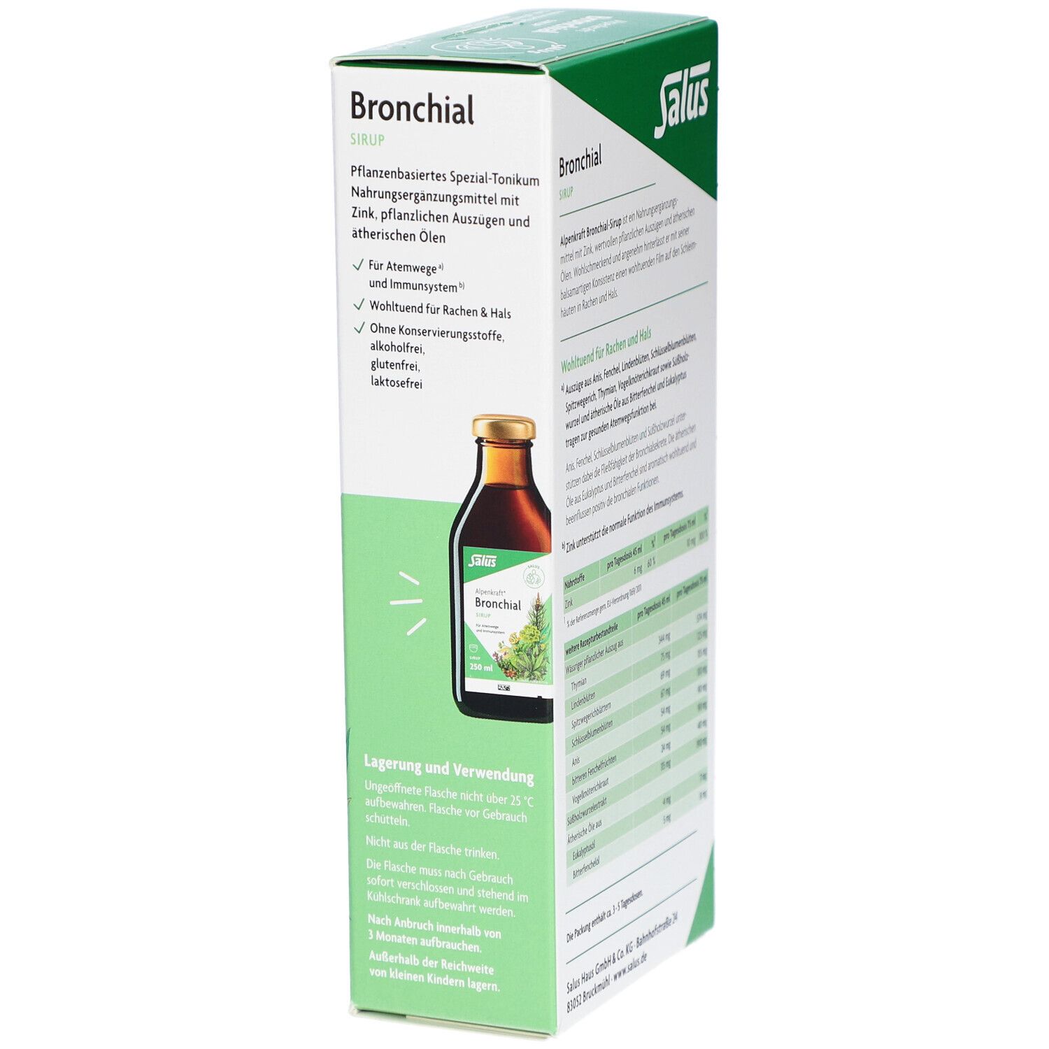 Verpackung von Alpenkraft Bronchial Sirup. Zeigt eine Abbildung der Flasche und Informationen zum Produkt.