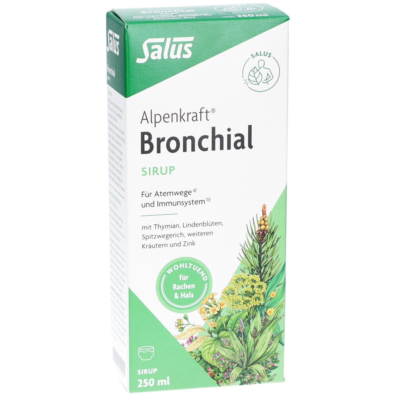 Vorderseite der Verpackung von Alpenkraft Bronchial Sirup. Grün-weiße Verpackung mit Produktnamen und Logo.