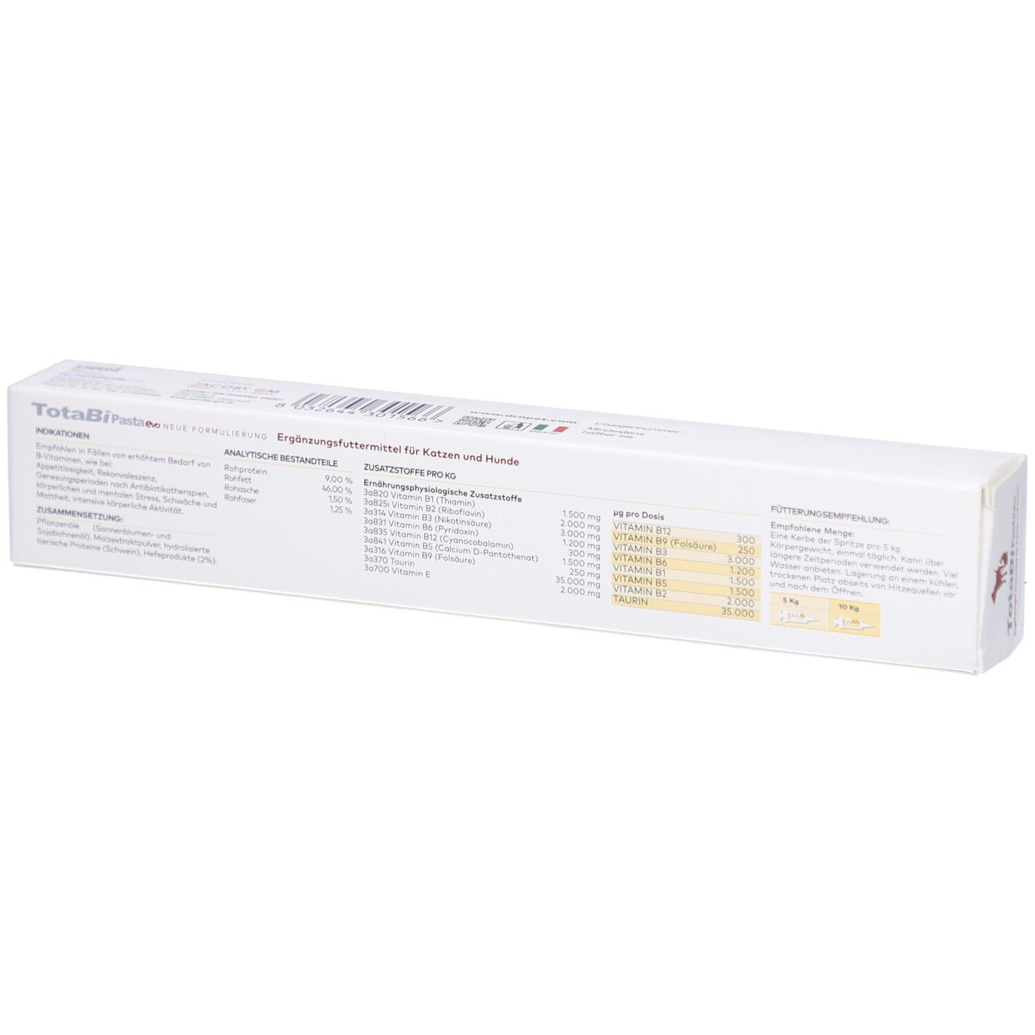 Rückseite der weißen rechteckigen Verpackung. Enthält Informationen zu Inhaltsstoffen und Nährwerten. Text in deutscher Sprache.