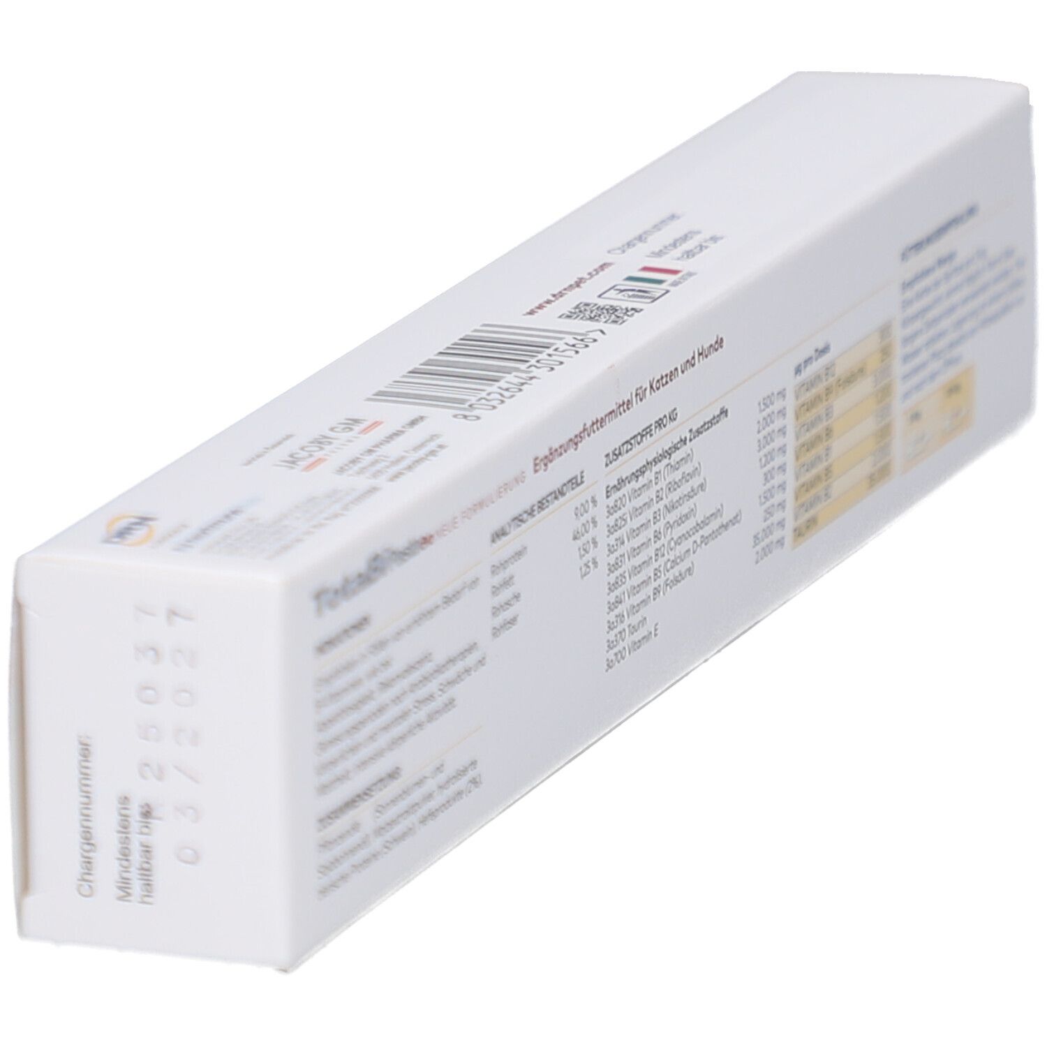 Schräge Ansicht der Verpackung. Rückseite mit Barcode, Inhaltsstoffen und Nährwertangaben. Text in deutscher Sprache.