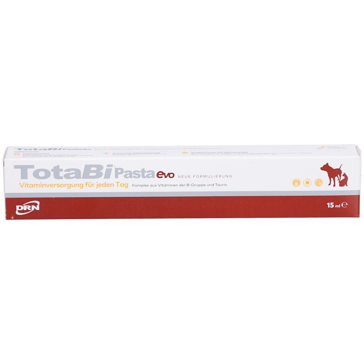 Weiße rechteckige Verpackung mit rotem Streifen. Aufschrift: TotaBi Pasta evo. Vitaminversorgung für jeden Tag. Mit Hund- und Katzen-Symbol.