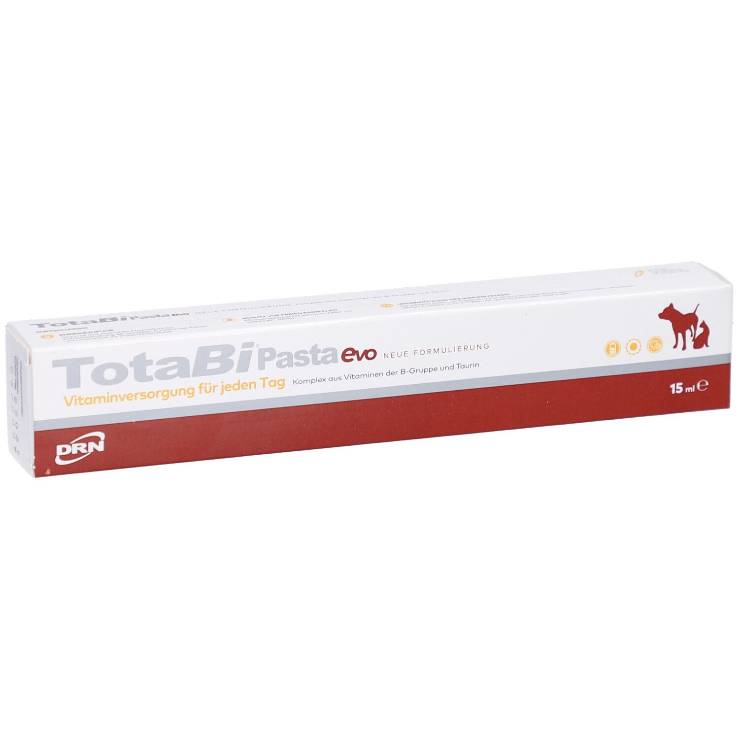 Weiße rechteckige Verpackung mit rotem Streifen. Aufschrift: TotaBi Pasta evo. Vitaminversorgung für jeden Tag. Mit Hund- und Katzen-Symbol.