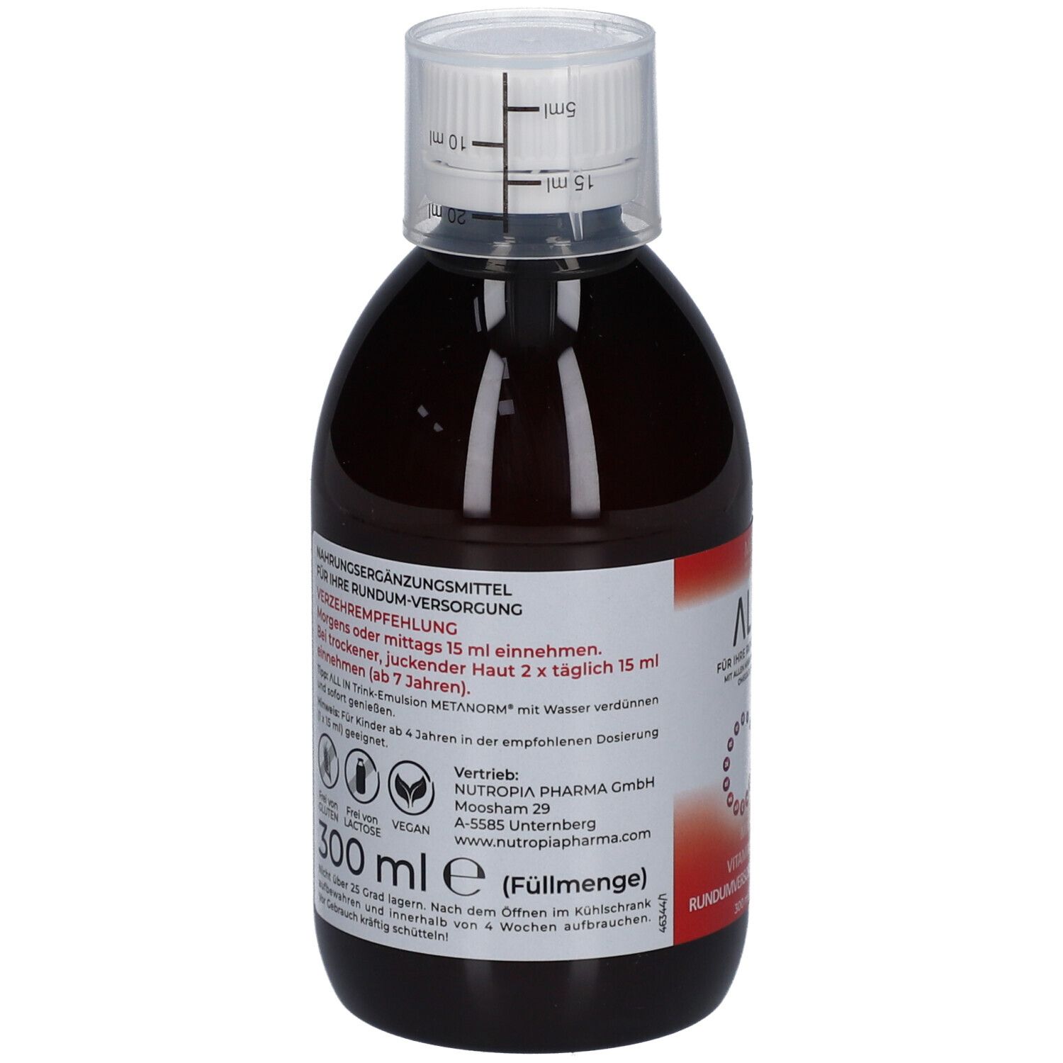 Braune Flasche mit weißem Deckel. Rückseite mit Text und Dosierungsangaben. Enthält 300 ml. Vegan, glutenfrei, laktosefrei.