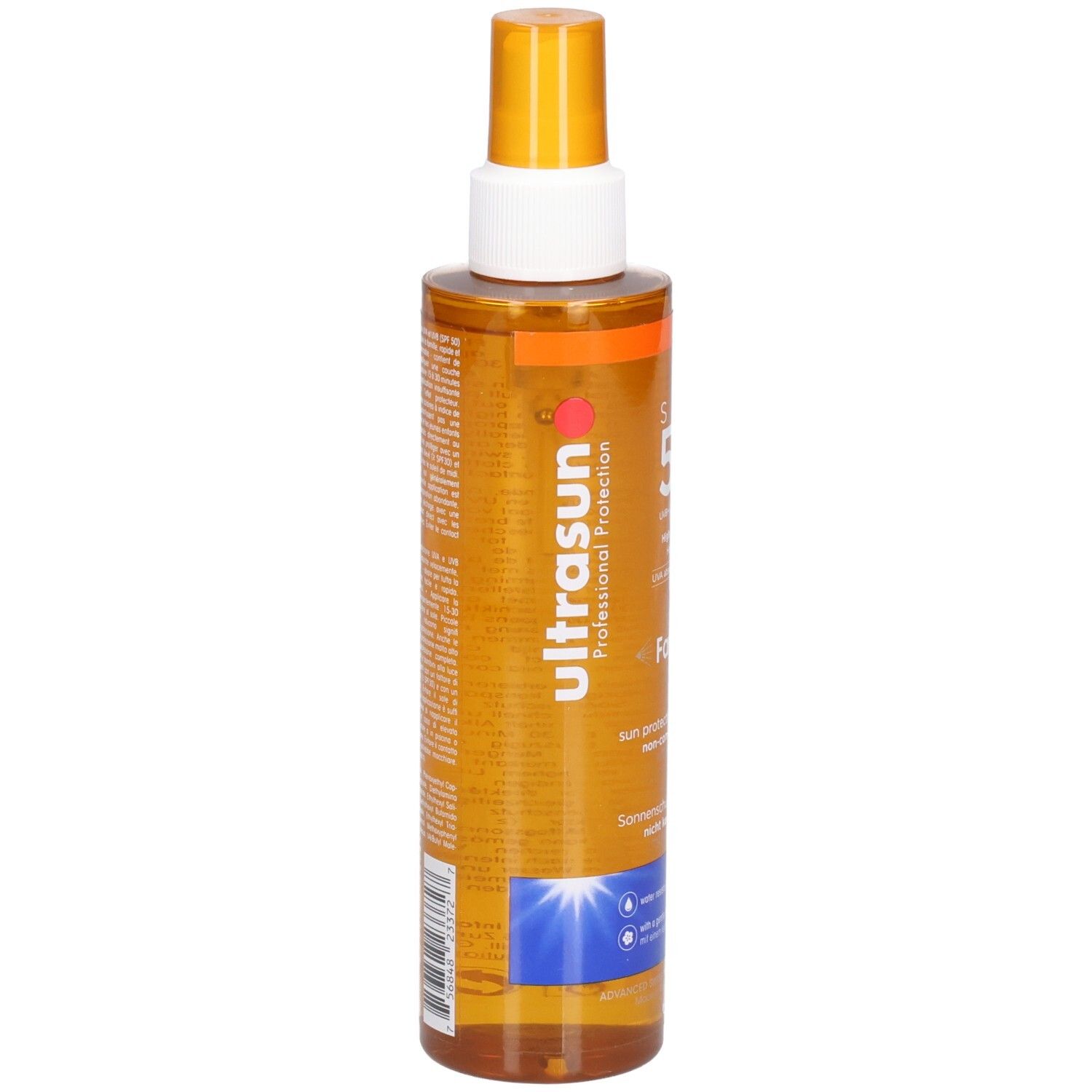 Zylindrische Flasche mit orangefarbener Flüssigkeit und Sprühkopf. Aufschrift: ULTRASUN Professional Protection. Barcode und Text auf der Rückseite.