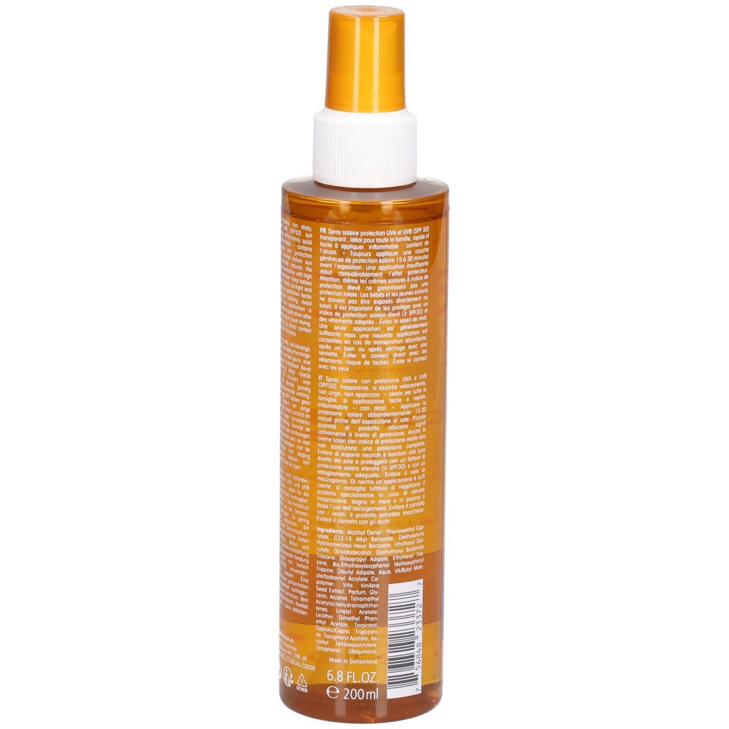 Rückseite einer zylindrischen Flasche mit orangefarbener Flüssigkeit. Text und Barcode auf dem Etikett. Volumen: 6.8 FL.OZ. e 200ml.